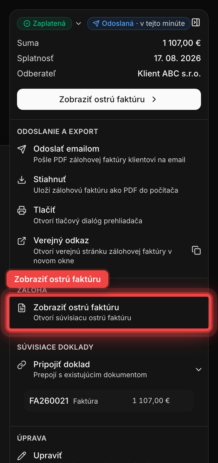 Prepojenie zálohovej faktúry s ostrou faktúrou v sekcii Súvisiace doklady