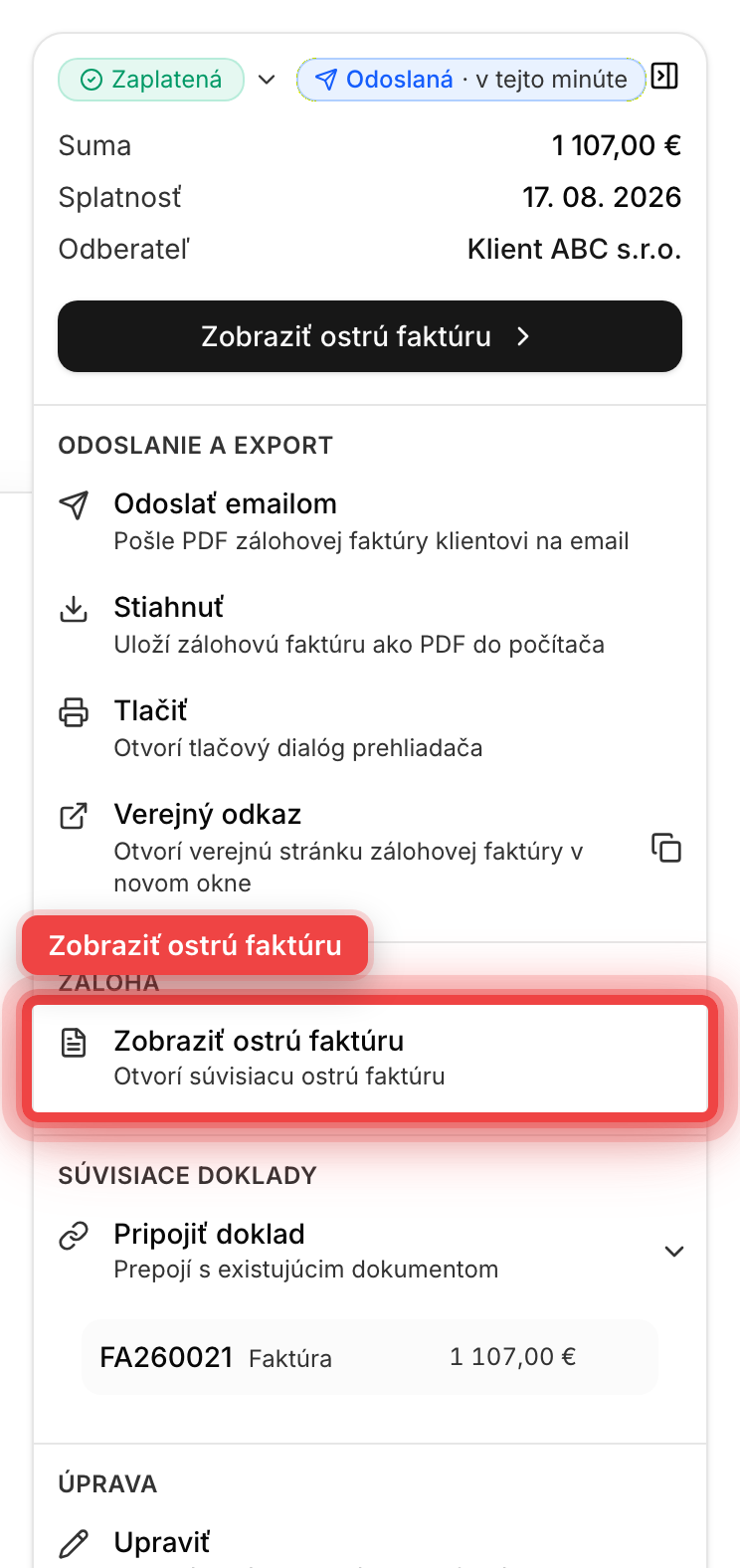 Prepojenie zálohovej faktúry s ostrou faktúrou v sekcii Súvisiace doklady