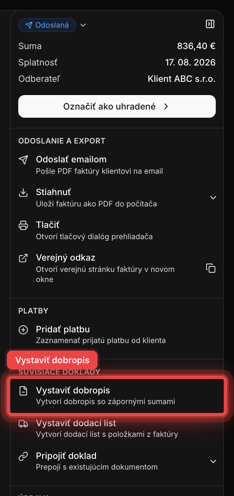 Panel akcií faktúry so zvýraznenou akciou Vystaviť dobropis