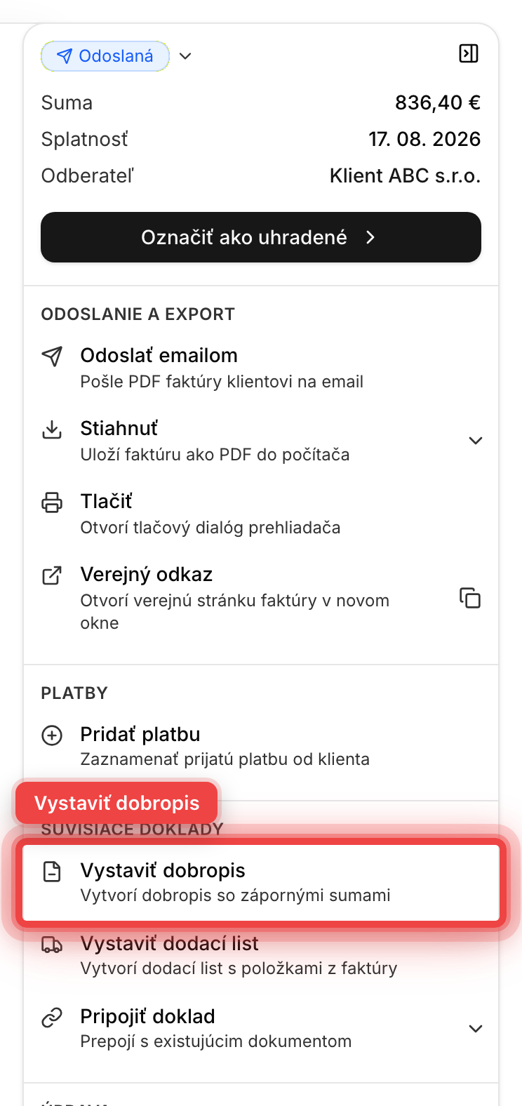 Panel akcií faktúry so zvýraznenou akciou Vystaviť dobropis