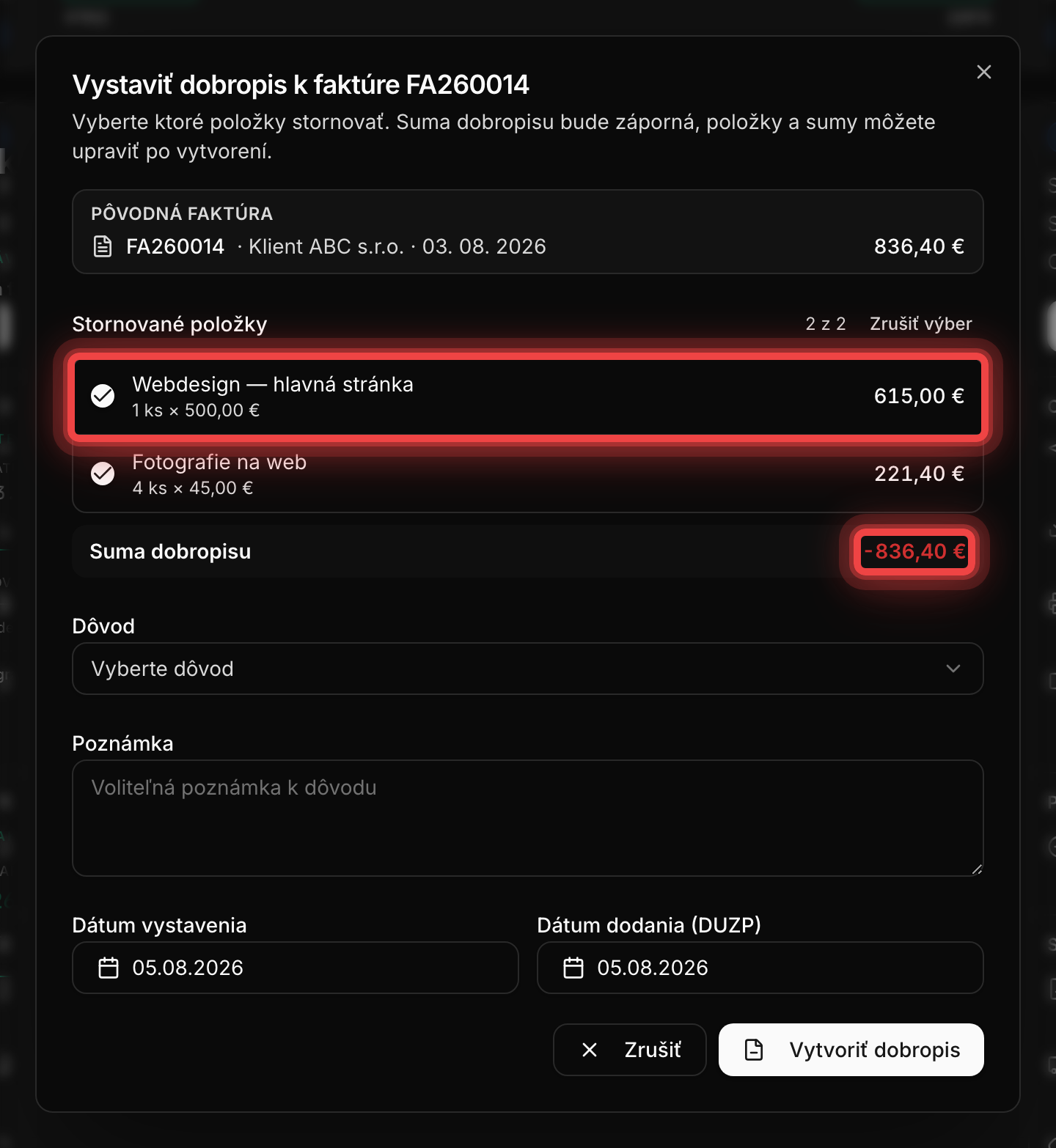 Dialóg vystavenia dobropisu s výberom položiek a sumou dobropisu