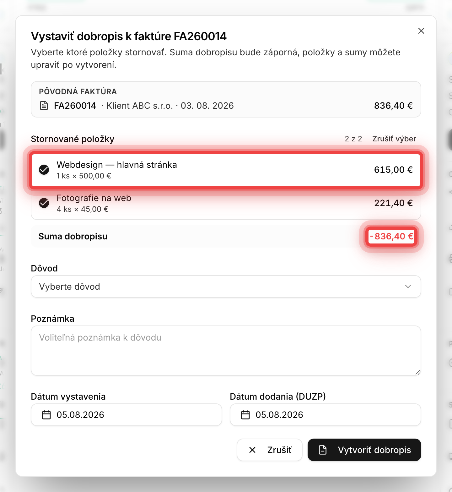 Dialóg vystavenia dobropisu s výberom položiek a sumou dobropisu
