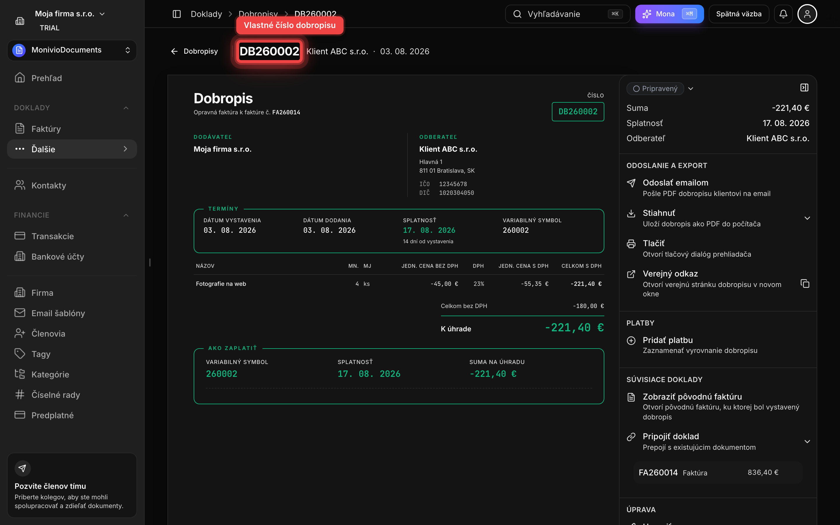 Detail vytvoreného dobropisu so zápornou sumou a odkazom na pôvodnú faktúru