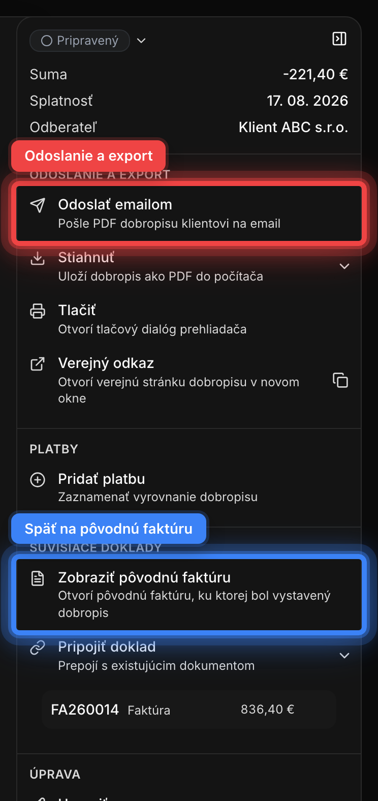 Sekcia odoslania a exportu na detaile dobropisu