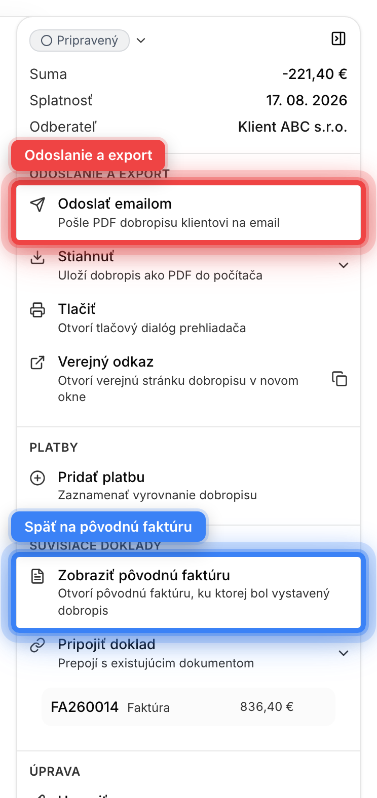 Sekcia odoslania a exportu na detaile dobropisu