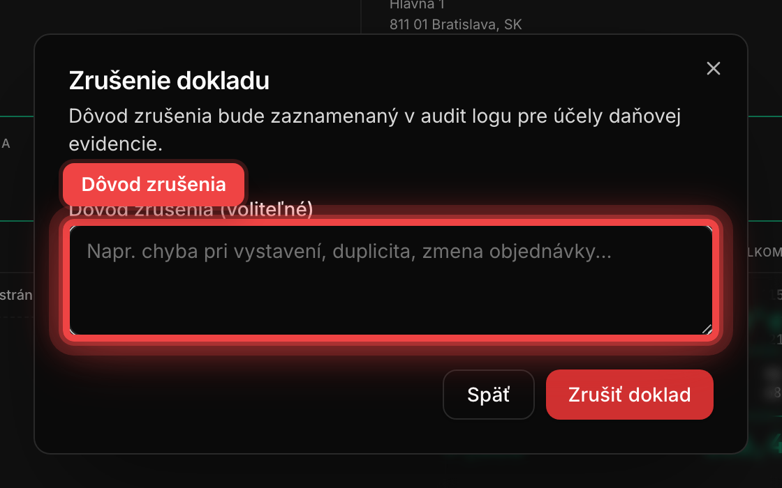 Dialóg zrušenia dokladu s poľom pre dôvod zrušenia