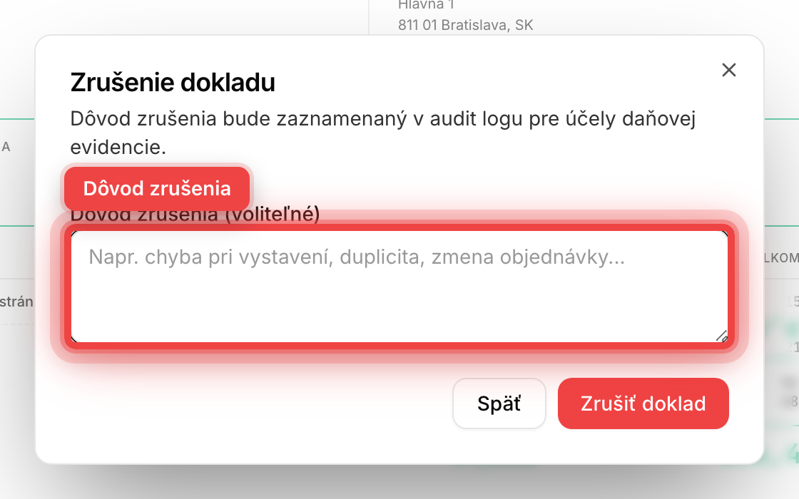 Dialóg zrušenia dokladu s poľom pre dôvod zrušenia