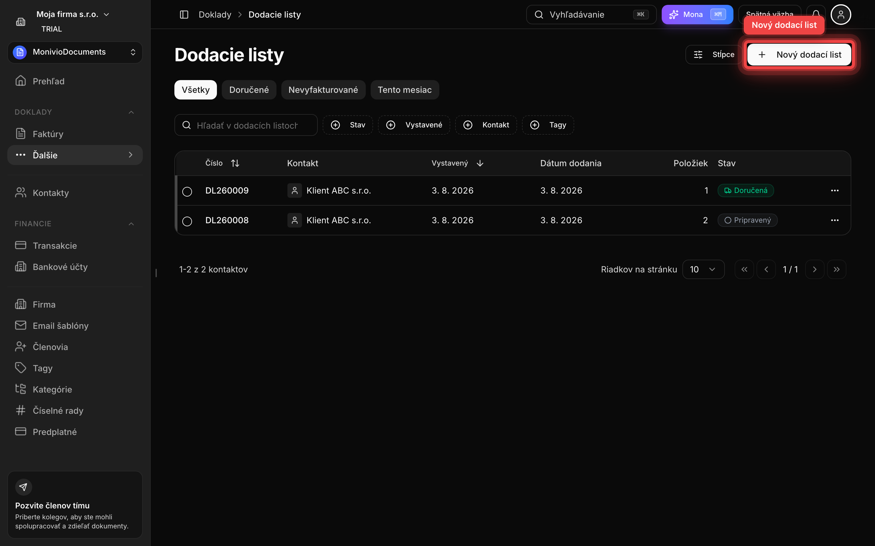 Zoznam dodacích listov s tlačidlom Nový dodací list