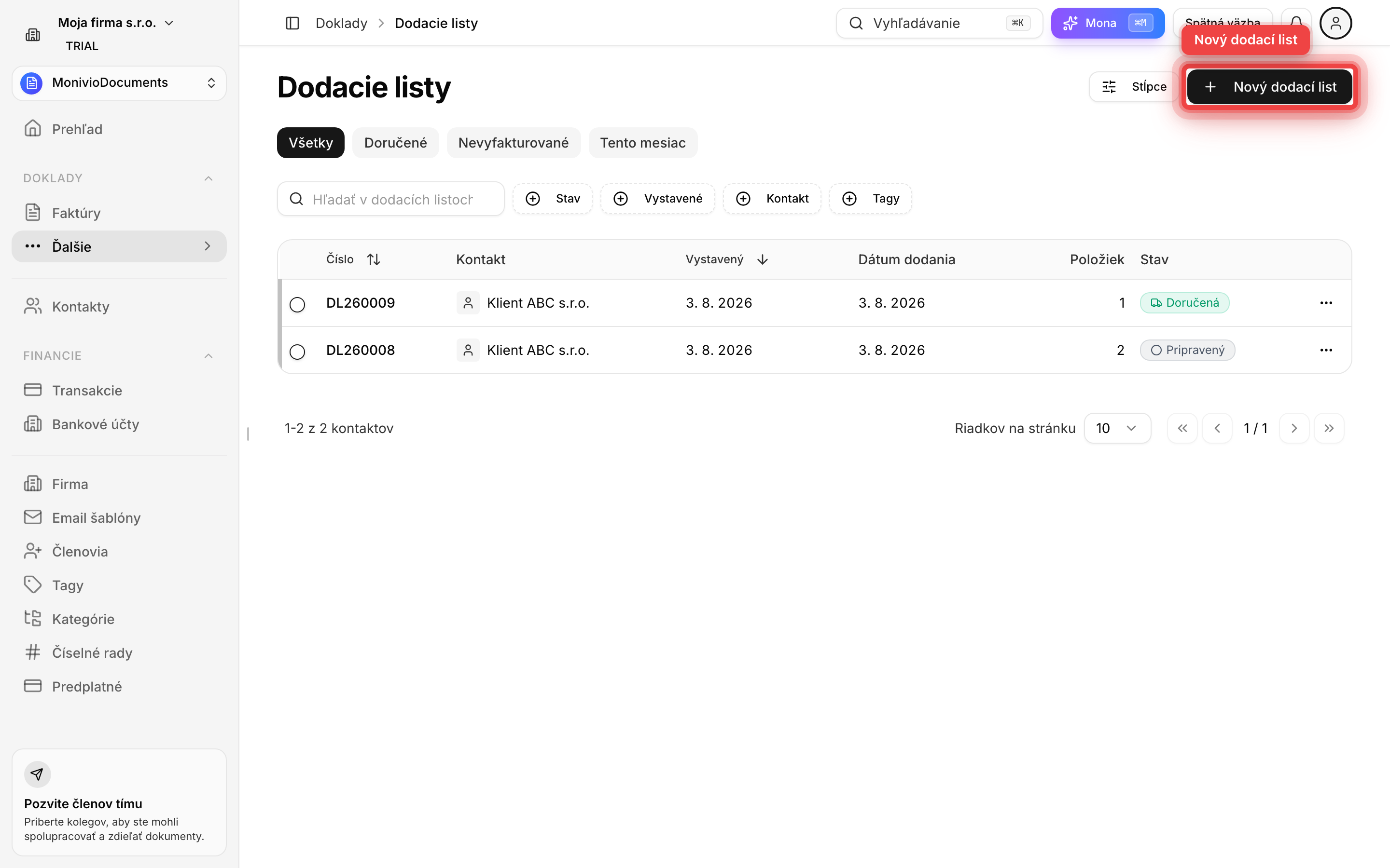 Zoznam dodacích listov s tlačidlom Nový dodací list