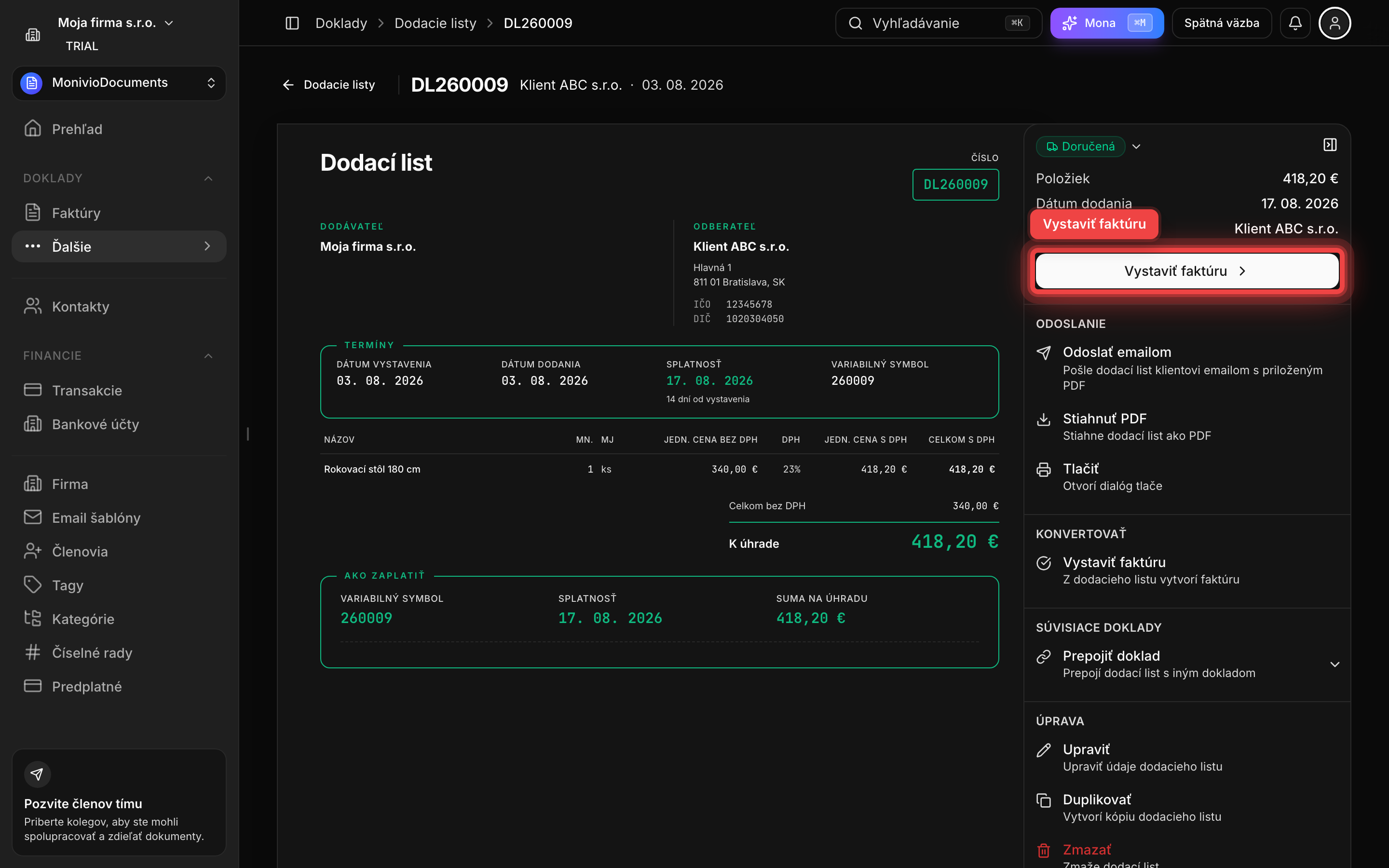 Doručený dodací list s tlačidlom Vystaviť faktúru