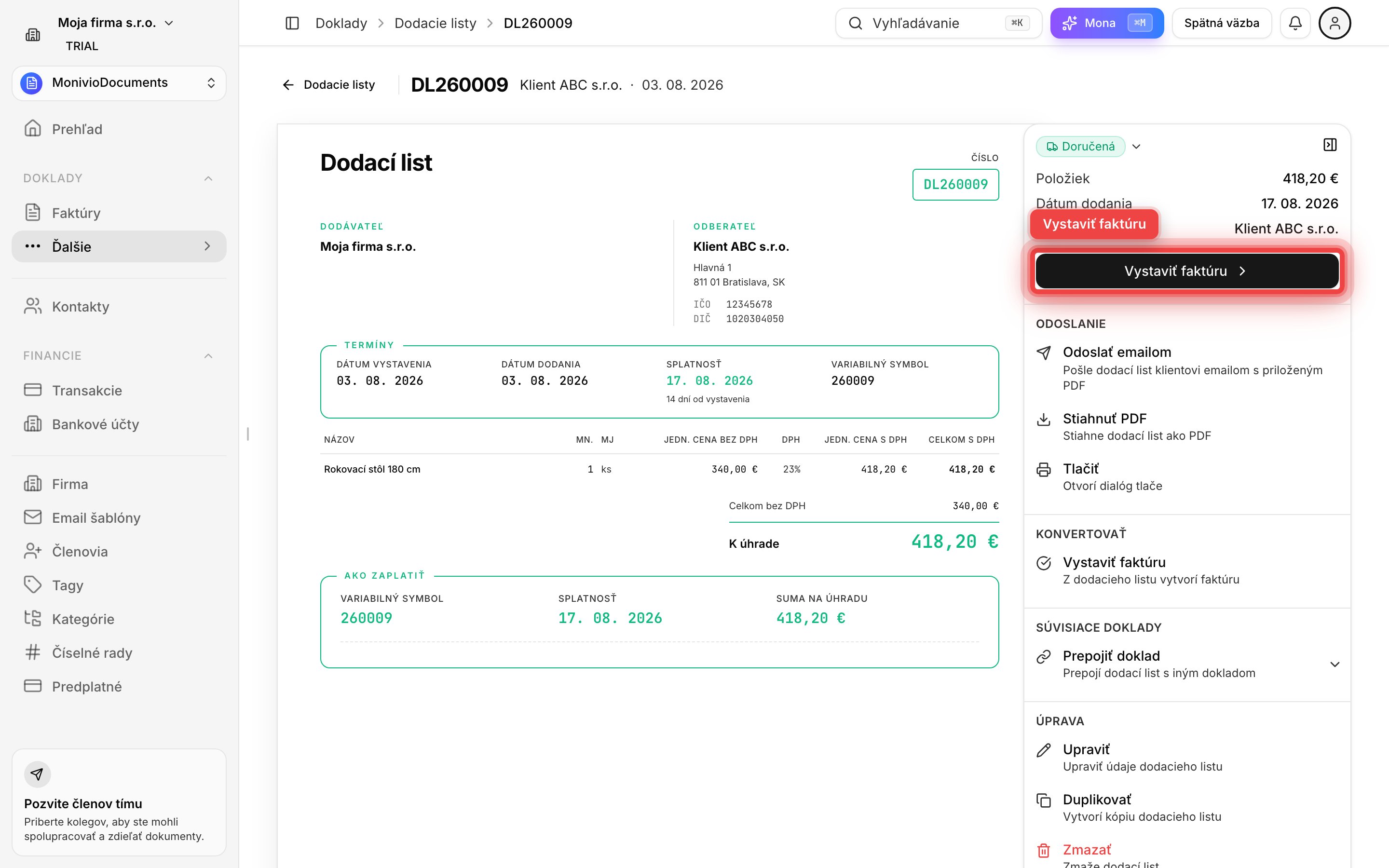Doručený dodací list s tlačidlom Vystaviť faktúru