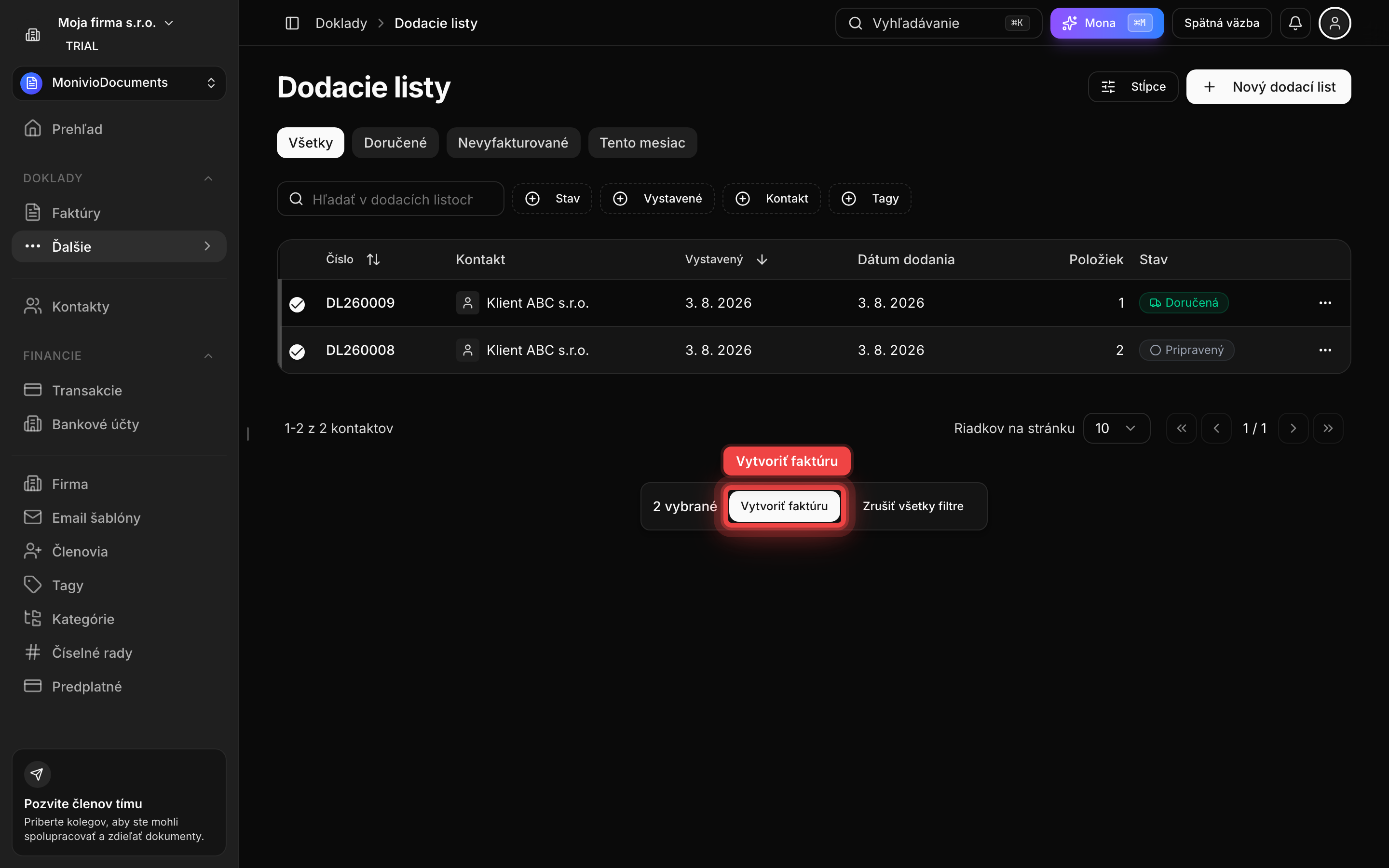 Zoznam dodacích listov s vybranými riadkami a tlačidlom Vytvoriť faktúru