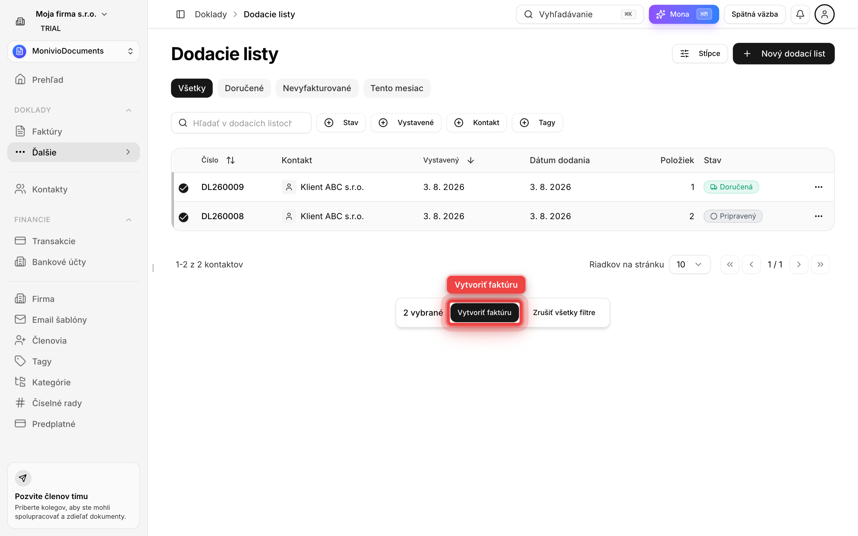 Zoznam dodacích listov s vybranými riadkami a tlačidlom Vytvoriť faktúru