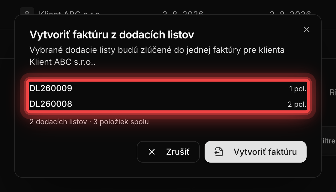 Dialóg zlúčenia dodacích listov do jednej faktúry