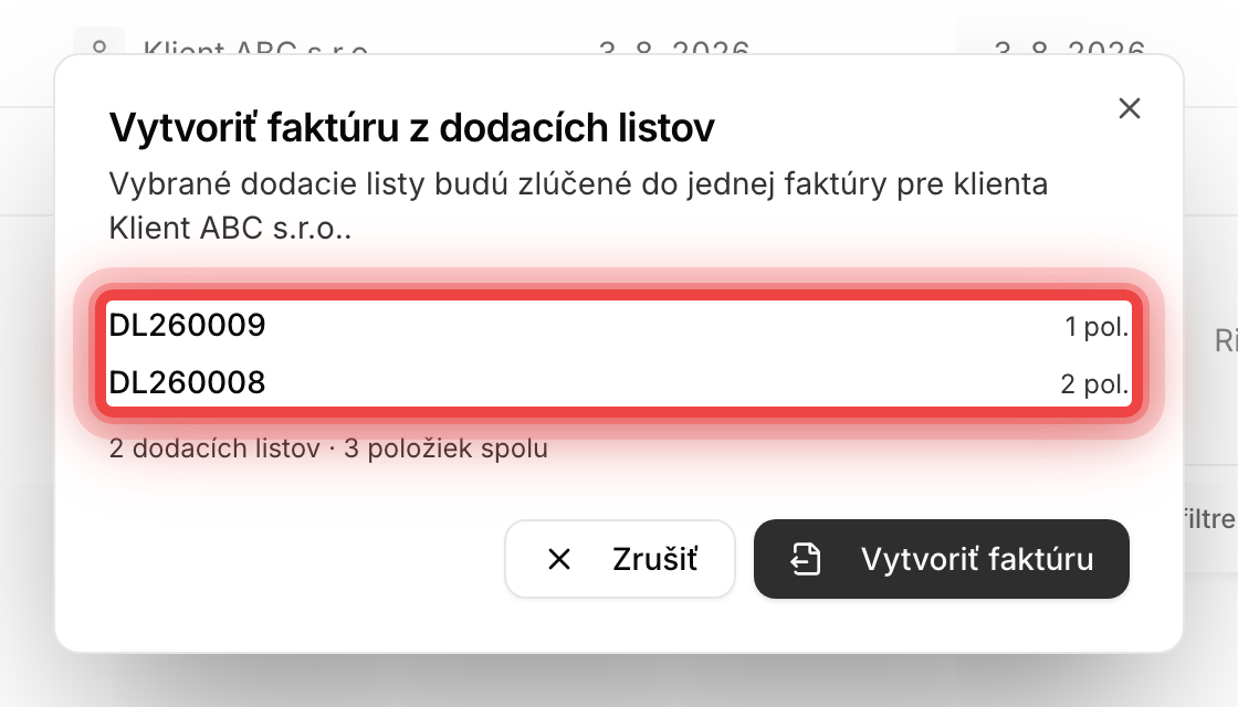 Dialóg zlúčenia dodacích listov do jednej faktúry