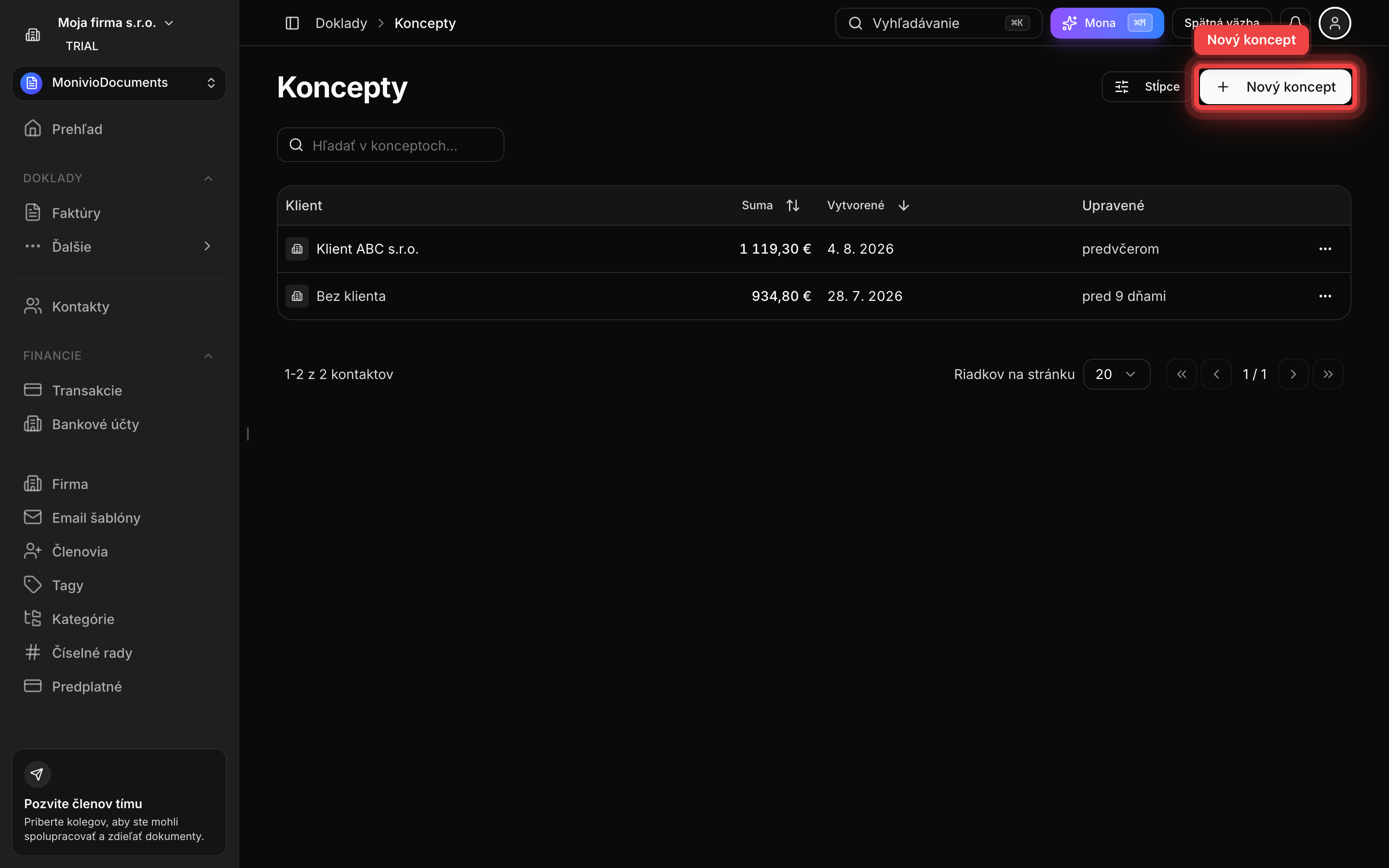 Zoznam konceptov s tlačidlom Nový koncept