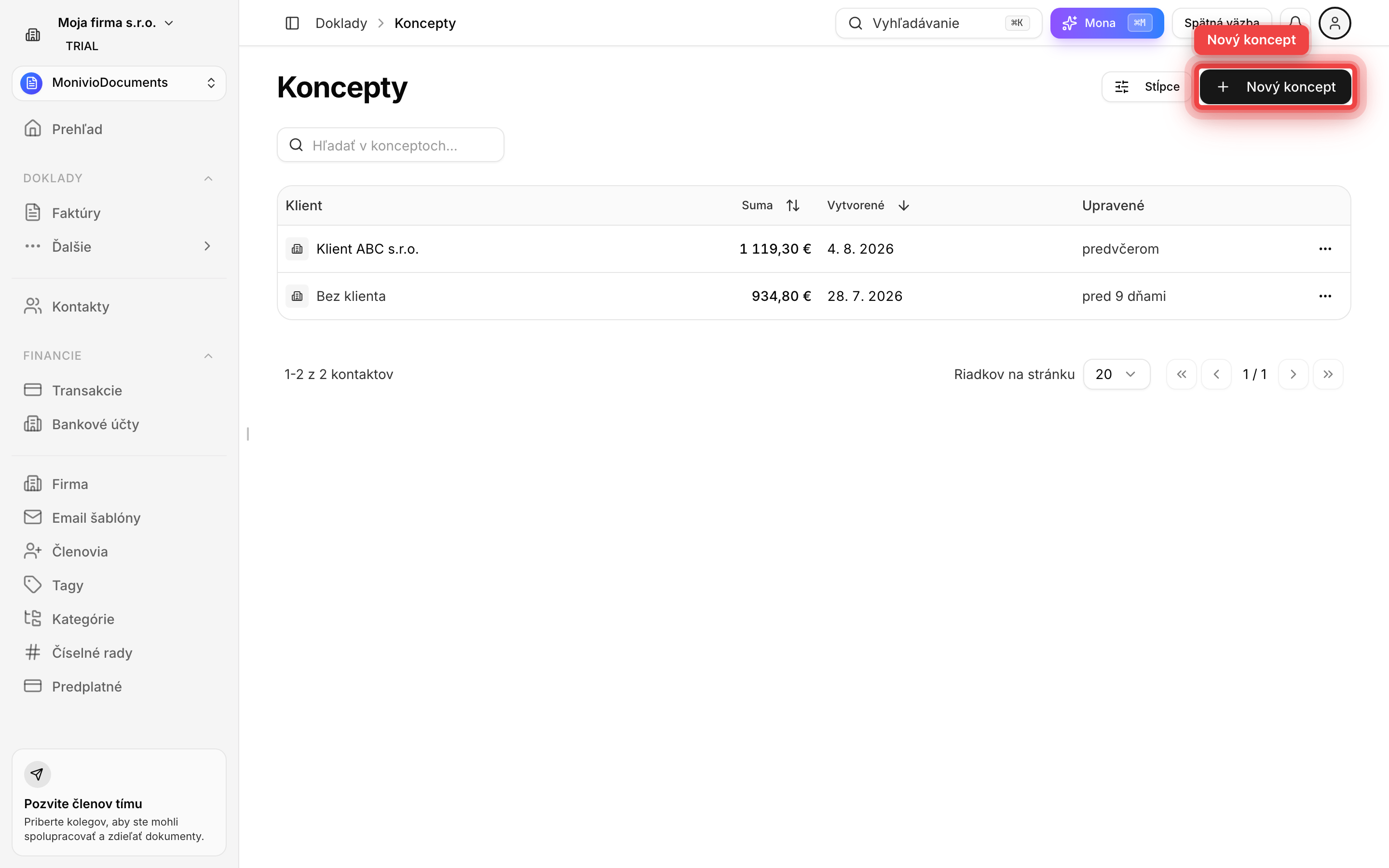 Zoznam konceptov s tlačidlom Nový koncept