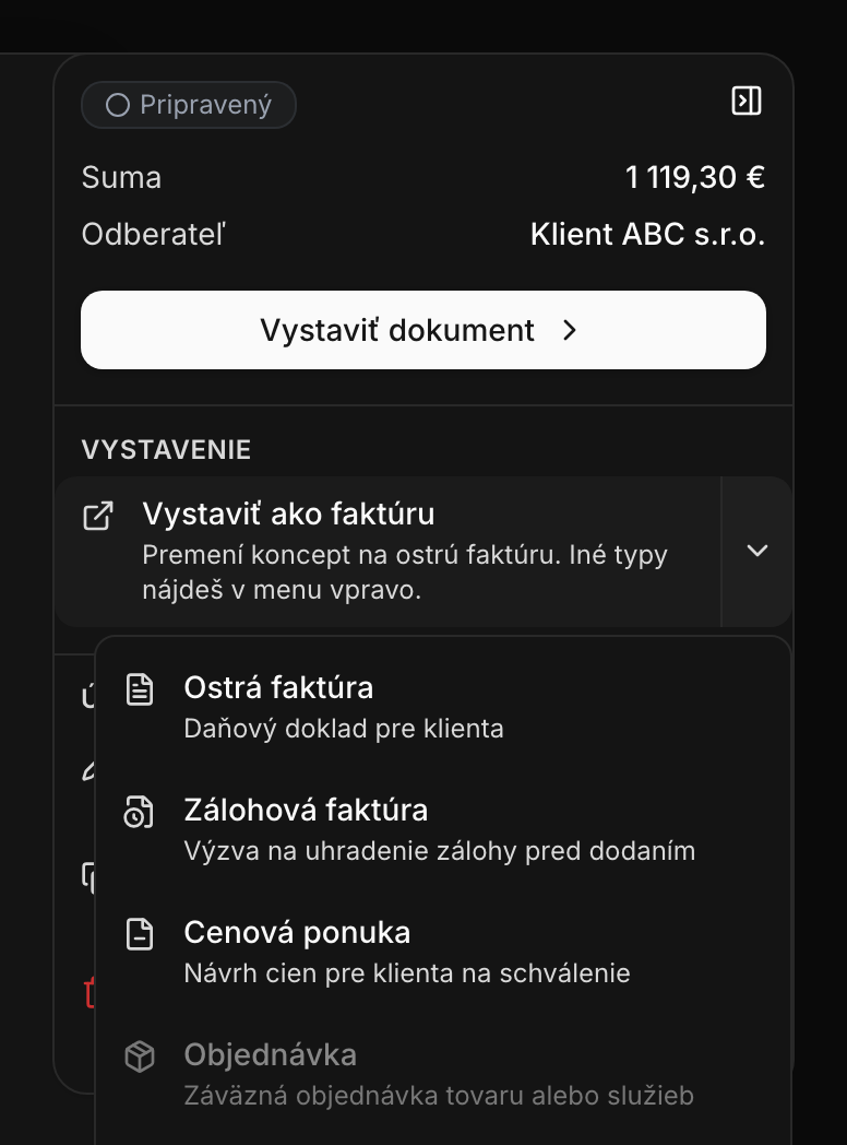 Ponuka Vystaviť s výberom typu dokladu