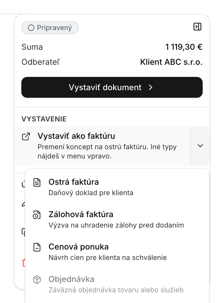 Ponuka Vystaviť s výberom typu dokladu