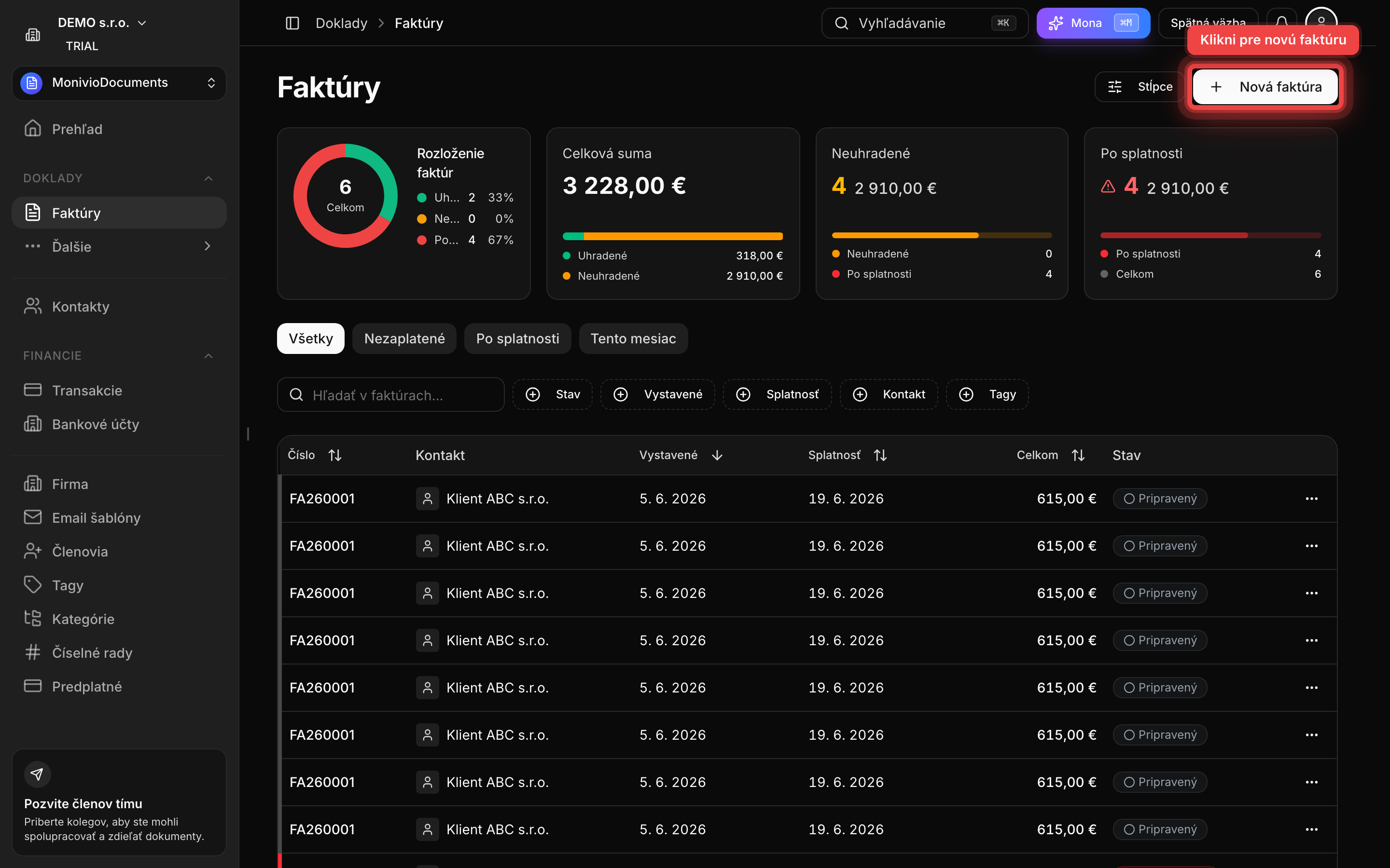 Menu Faktúry s tlačidlom Nová faktúra