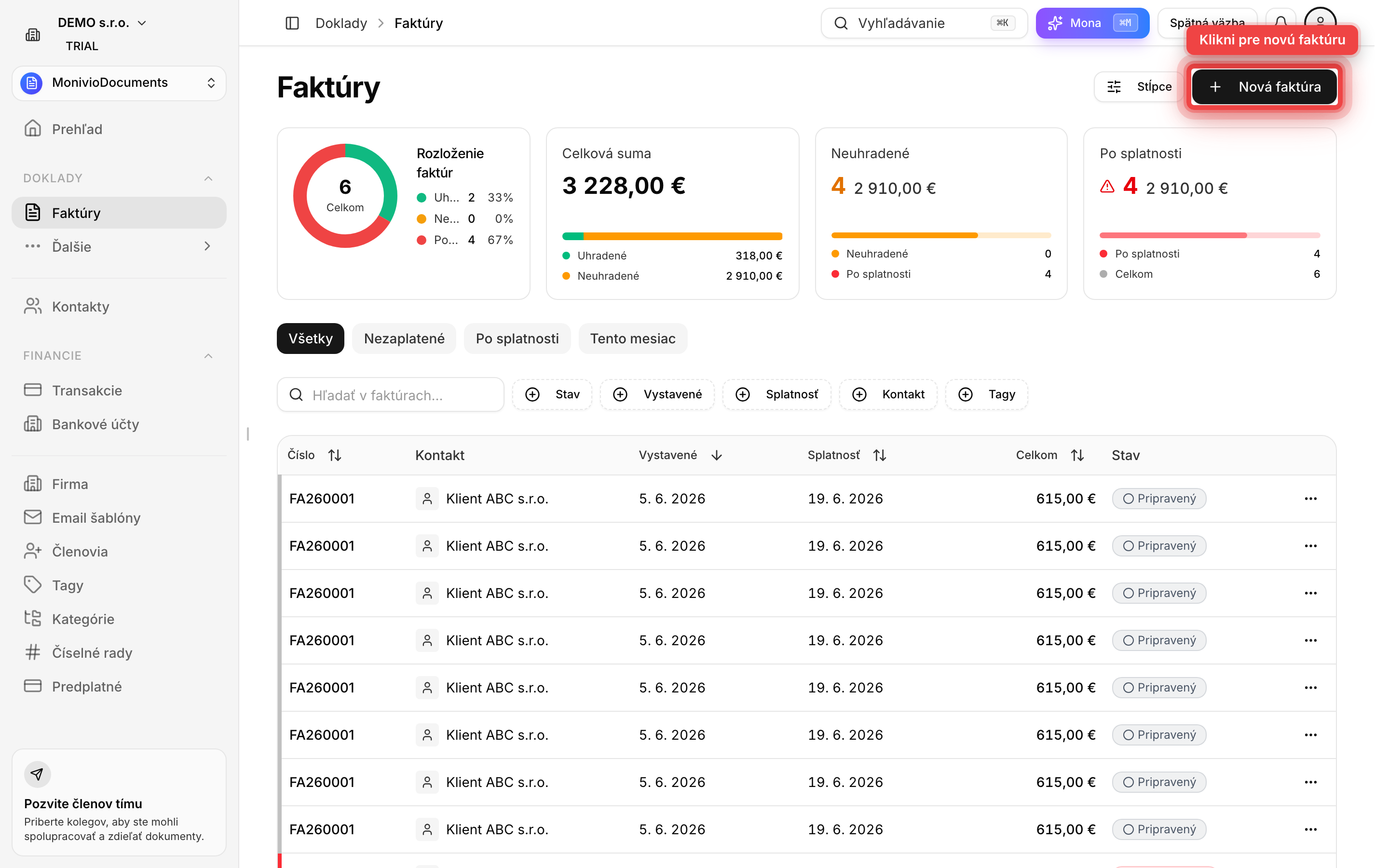 Menu Faktúry s tlačidlom Nová faktúra