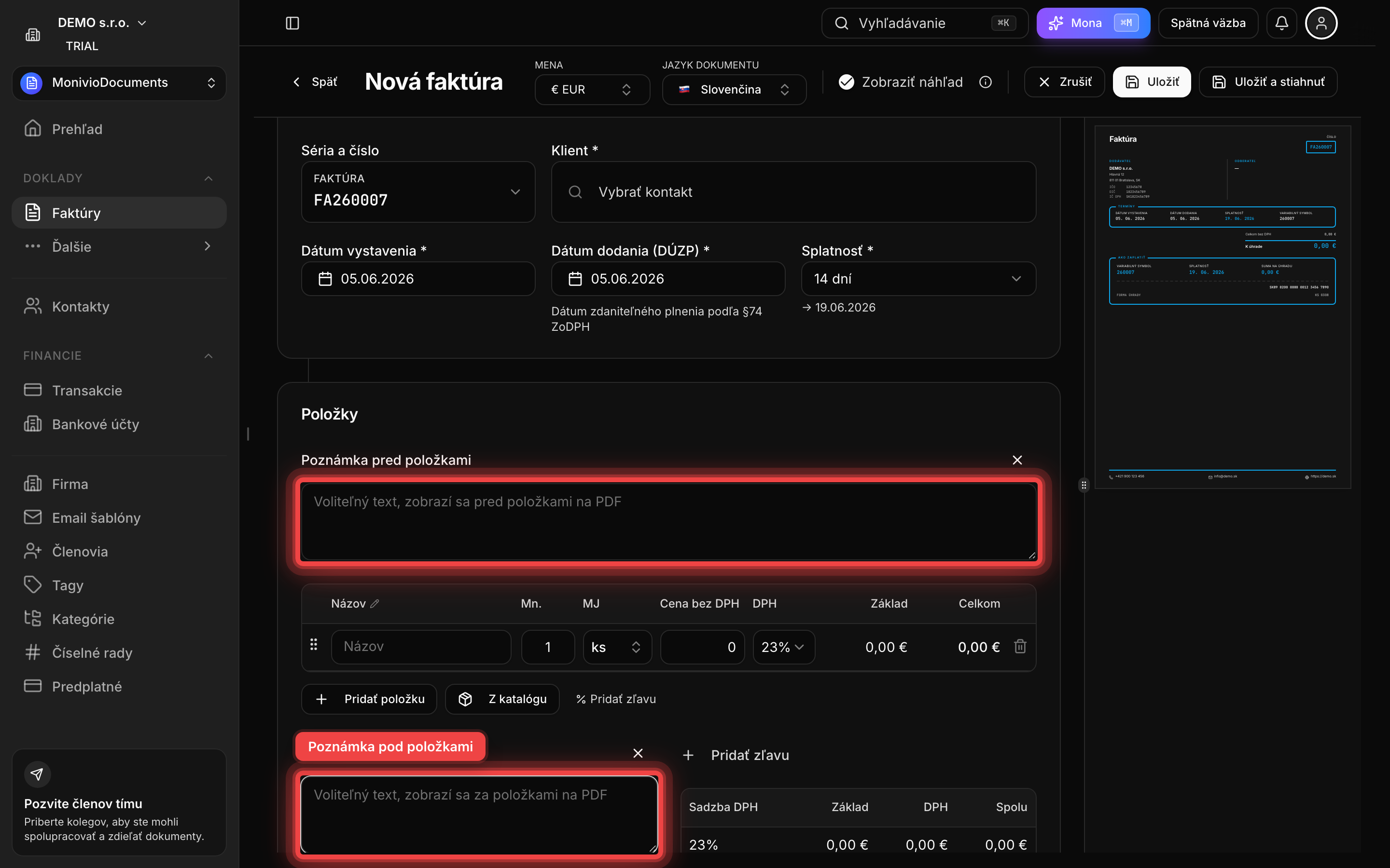 Doplňujúce polia faktúry