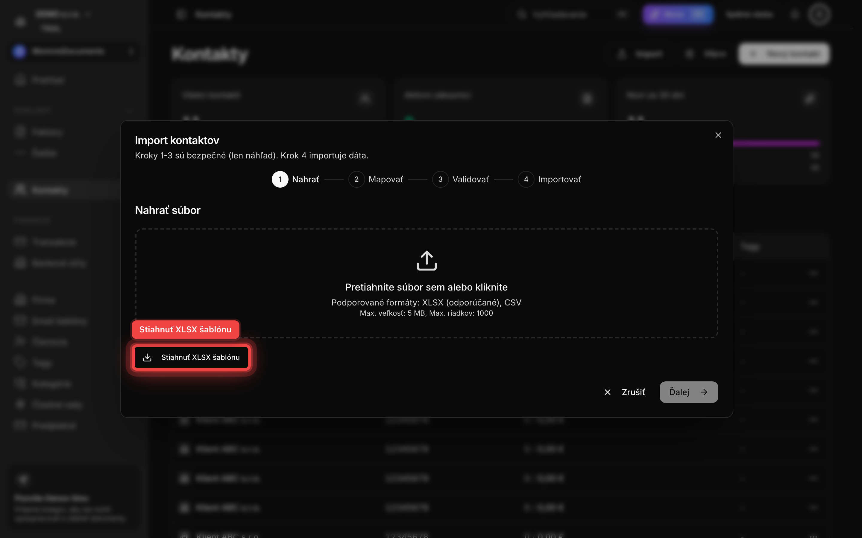 Import wizard - krok 1 (nahrať súbor) s vyznačeným odkazom na XLSX šablónu