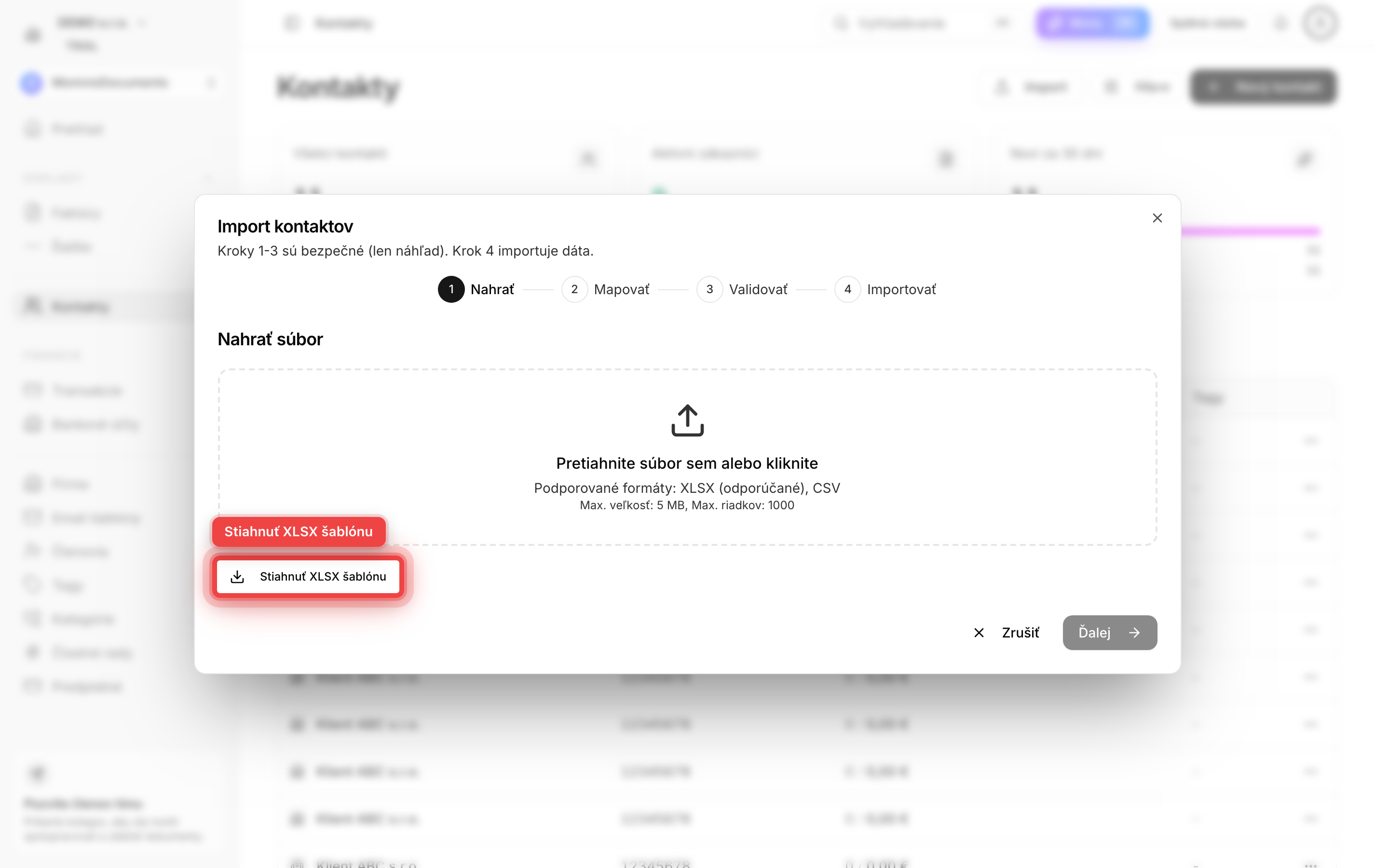 Import wizard - krok 1 (nahrať súbor) s vyznačeným odkazom na XLSX šablónu