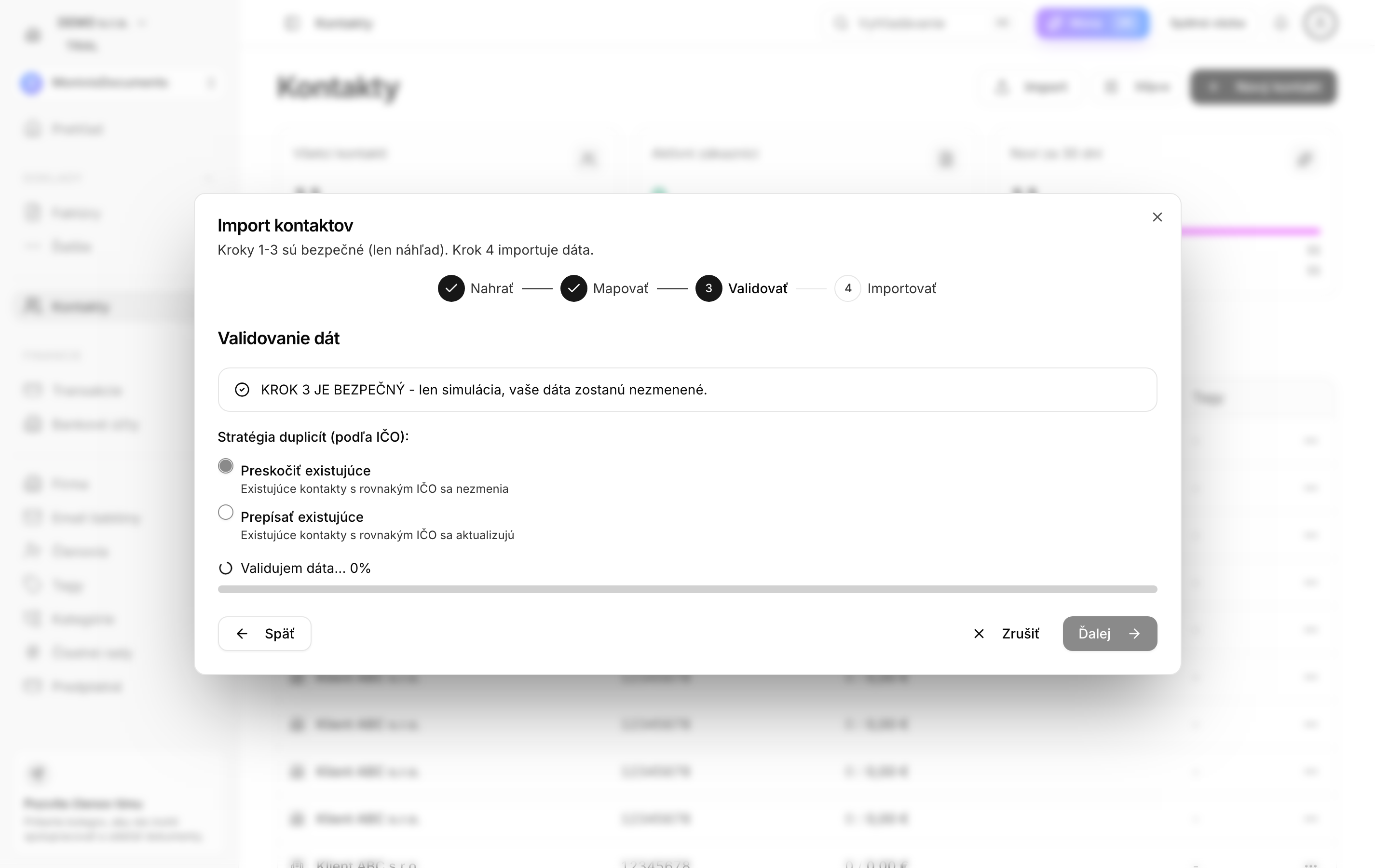 Krok 3 wizardu - validácia: súhrn počtu kontaktov, duplikátov a chýb