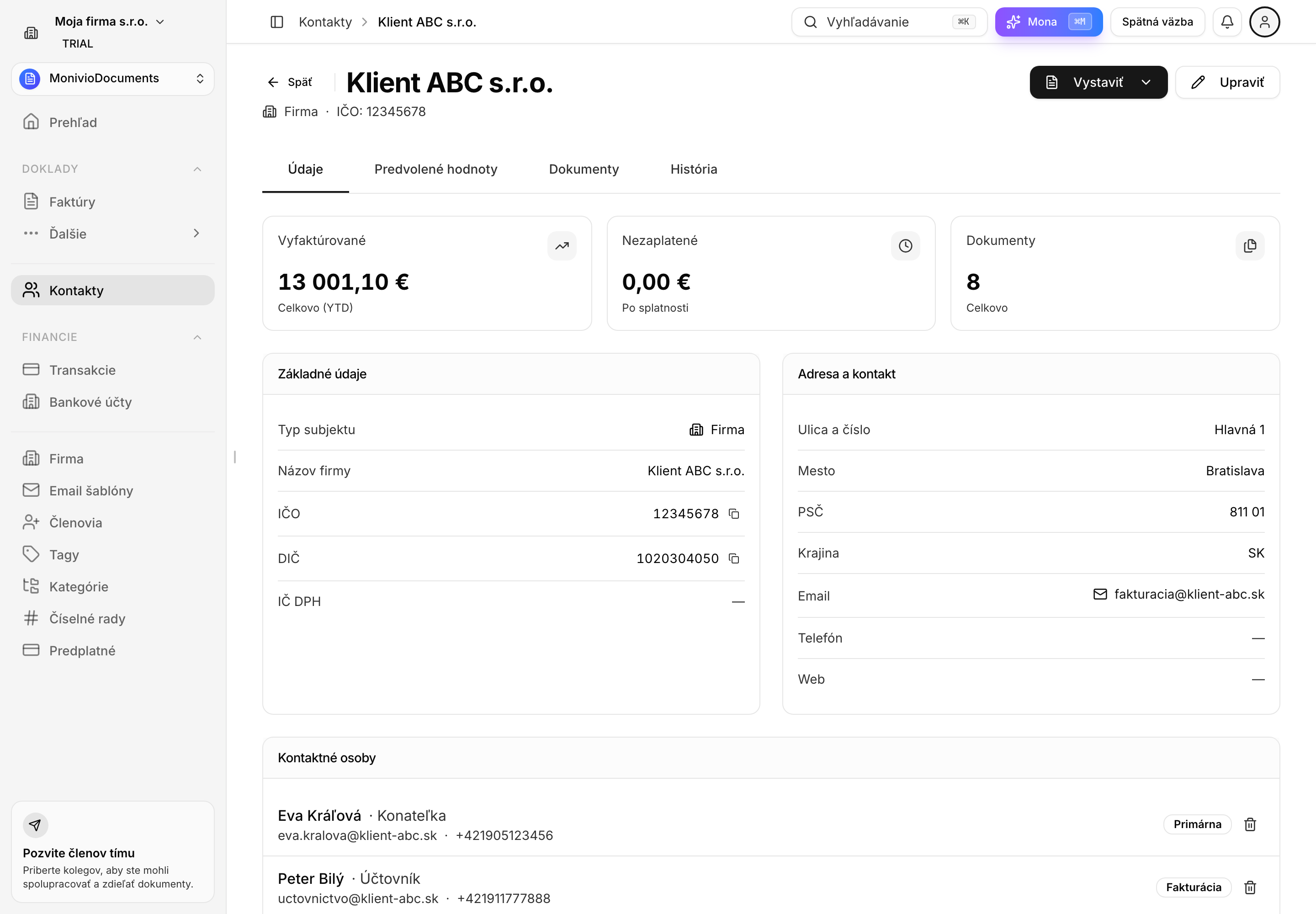 Detail kontaktu so štatistikami a údajmi