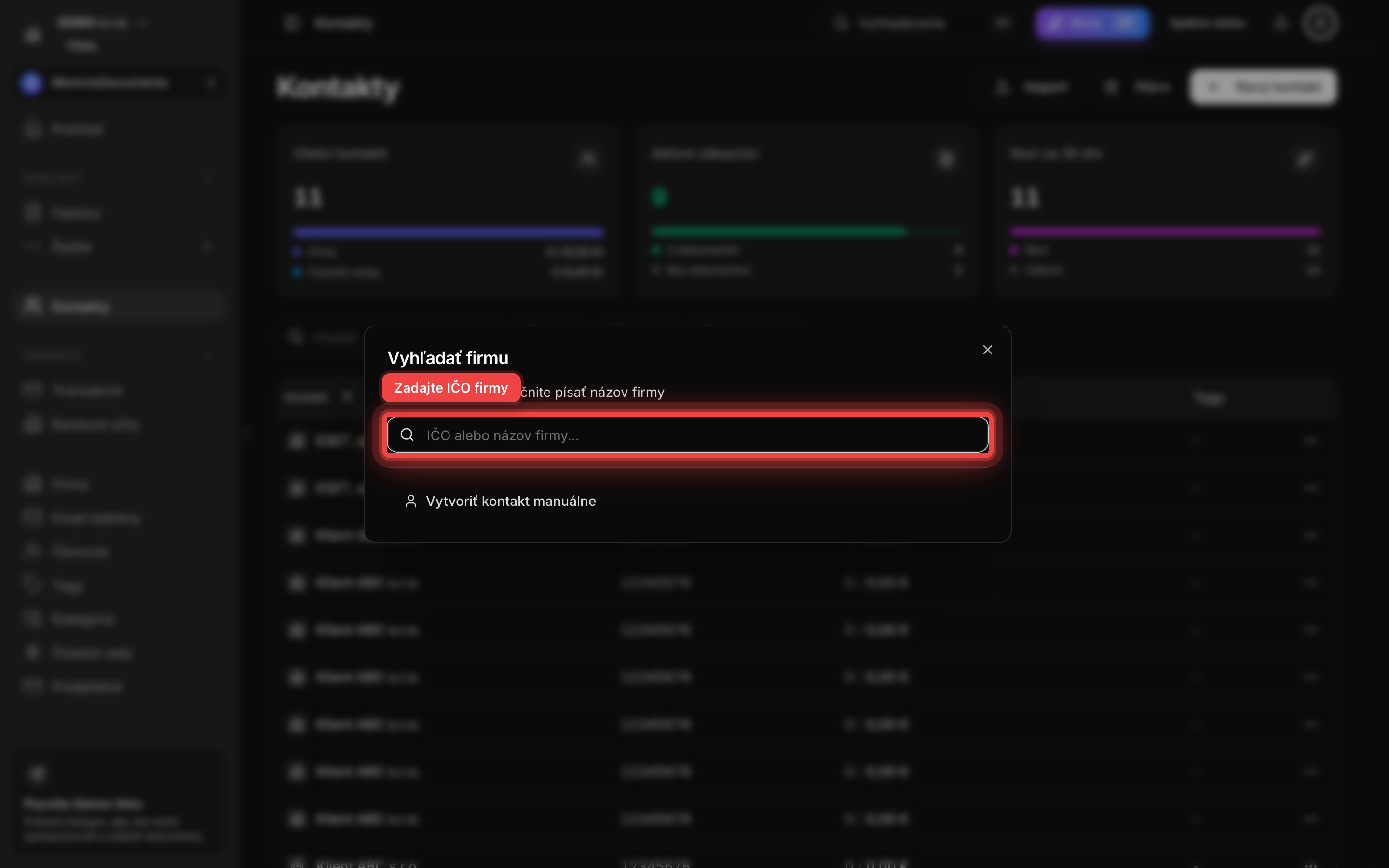 Modal Pridať kontakt s prázdnym poľom pre IČO