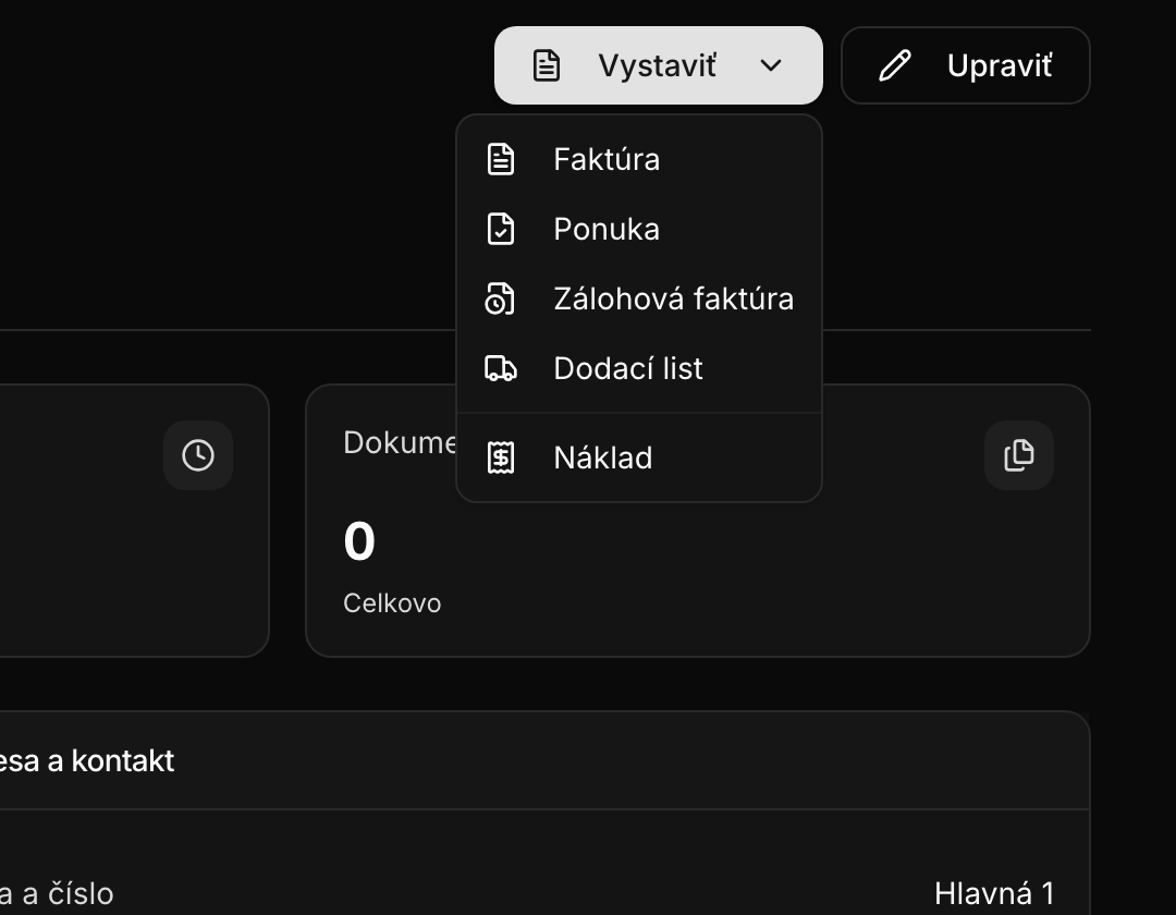 Tlačidlo Vystaviť s ponukou typov dokladov