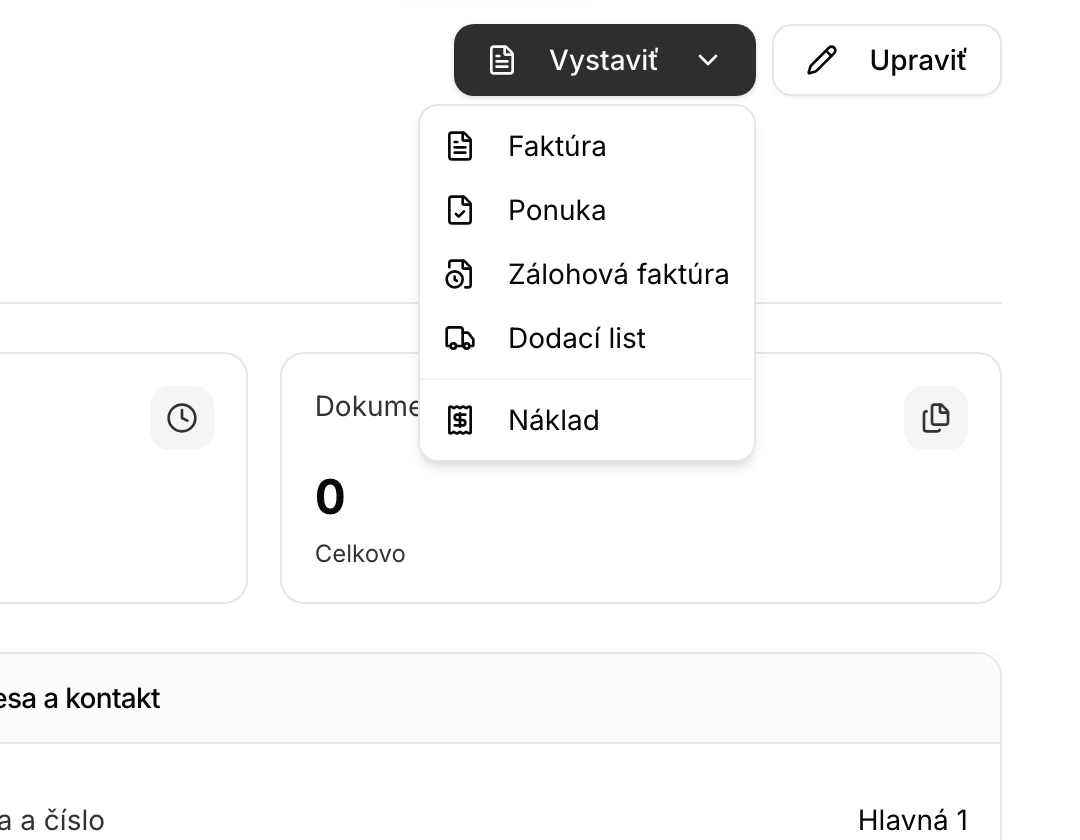 Tlačidlo Vystaviť s ponukou typov dokladov