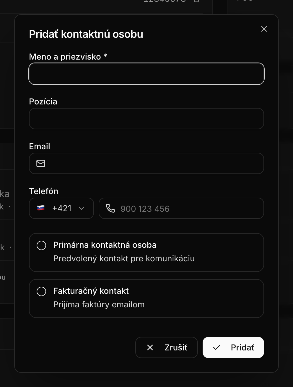 Dialóg pridania kontaktnej osoby