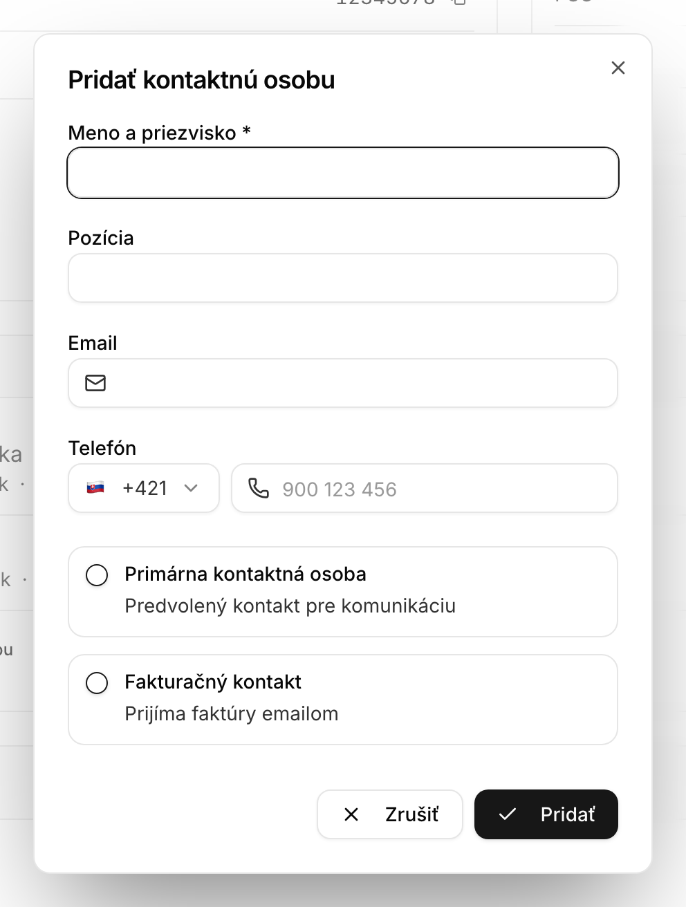 Dialóg pridania kontaktnej osoby