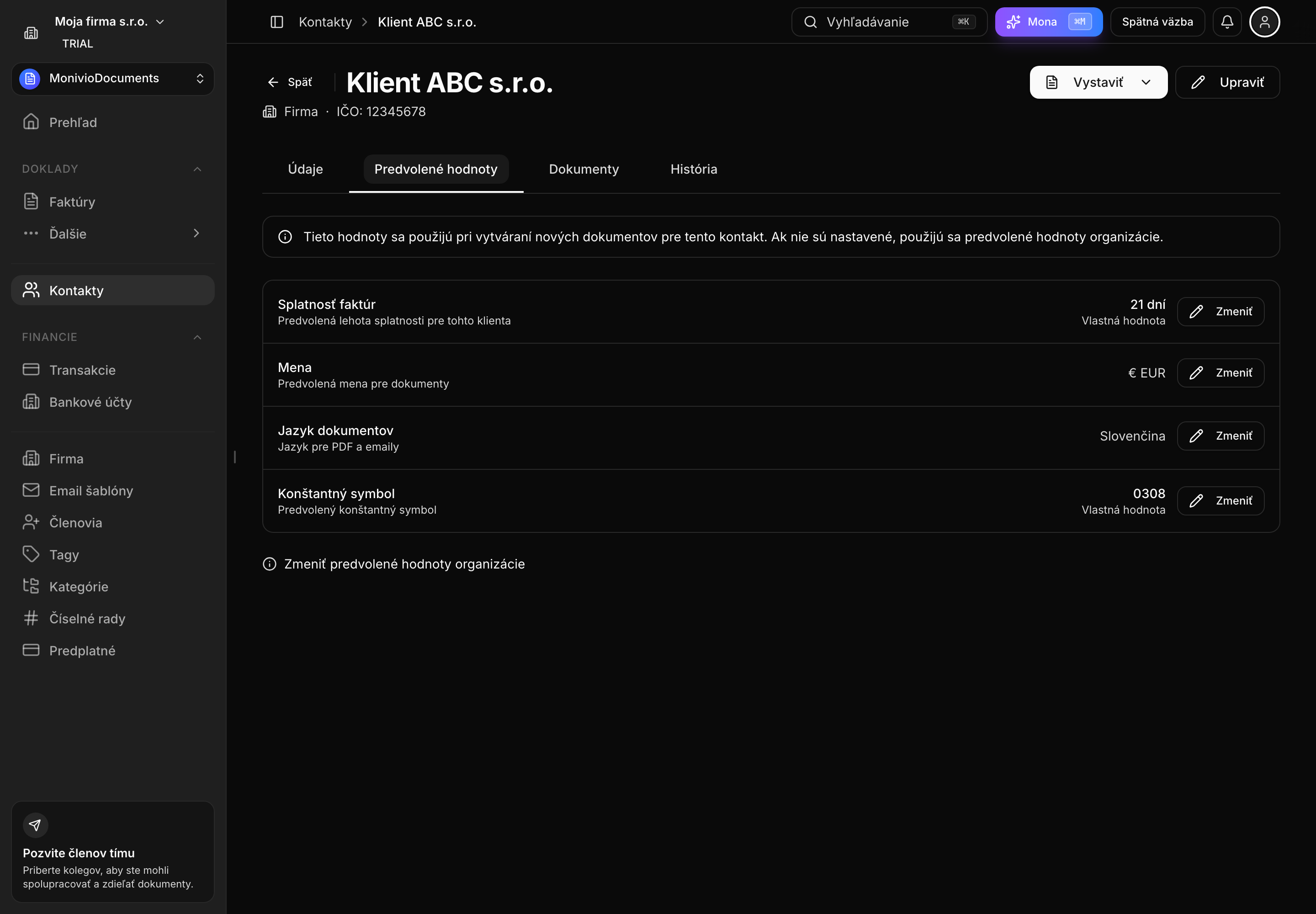 Záložka Predvolené hodnoty na kontakte