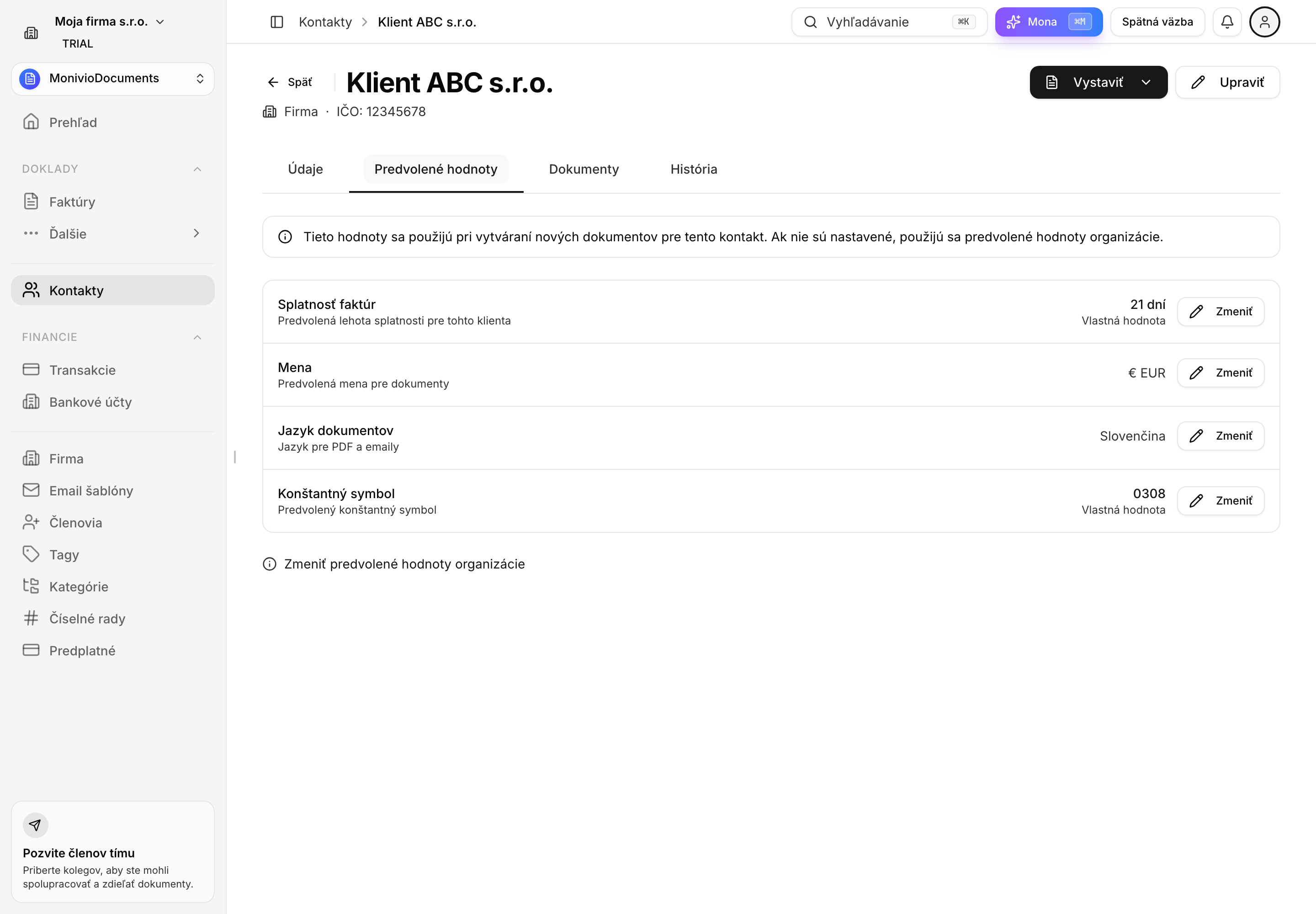 Záložka Predvolené hodnoty na kontakte