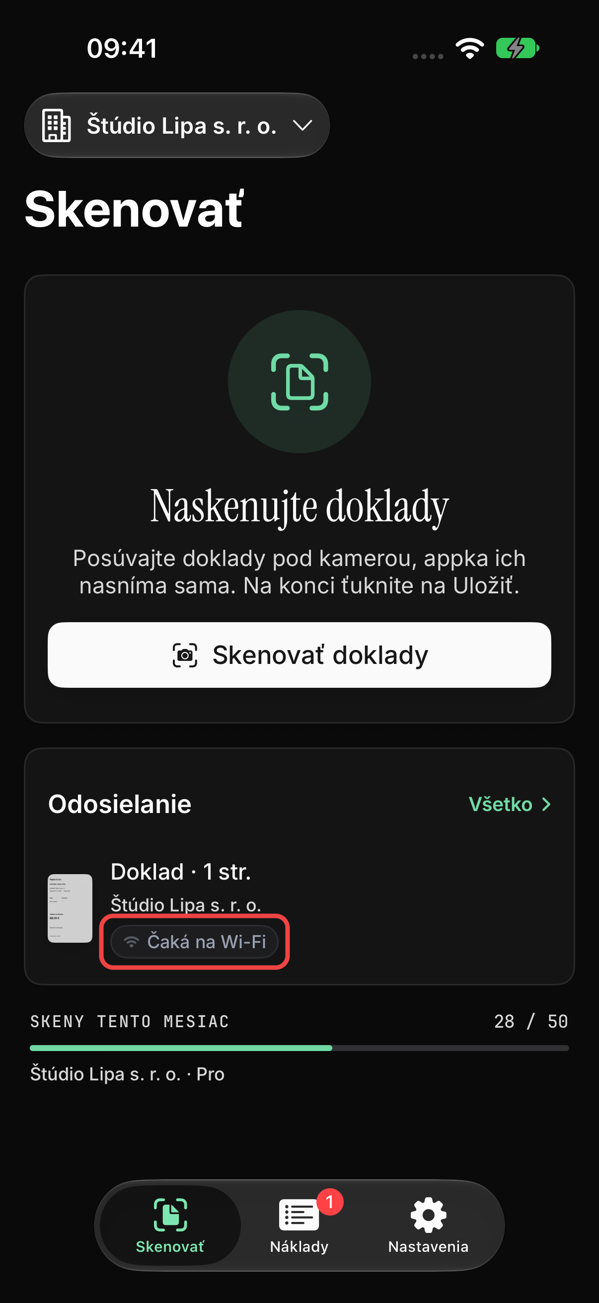 Doklad čakajúci na Wi-Fi vo fronte odosielania