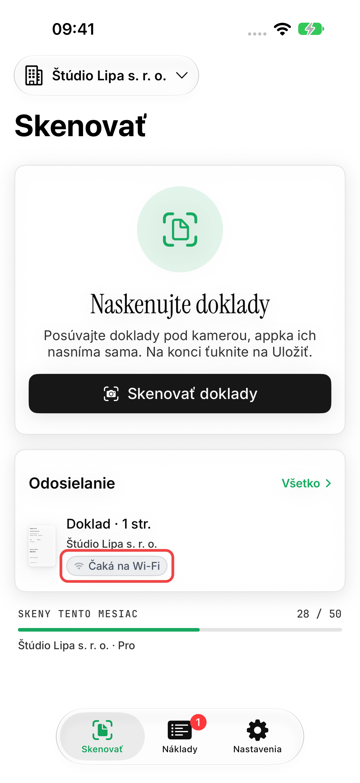Doklad čakajúci na Wi-Fi vo fronte odosielania