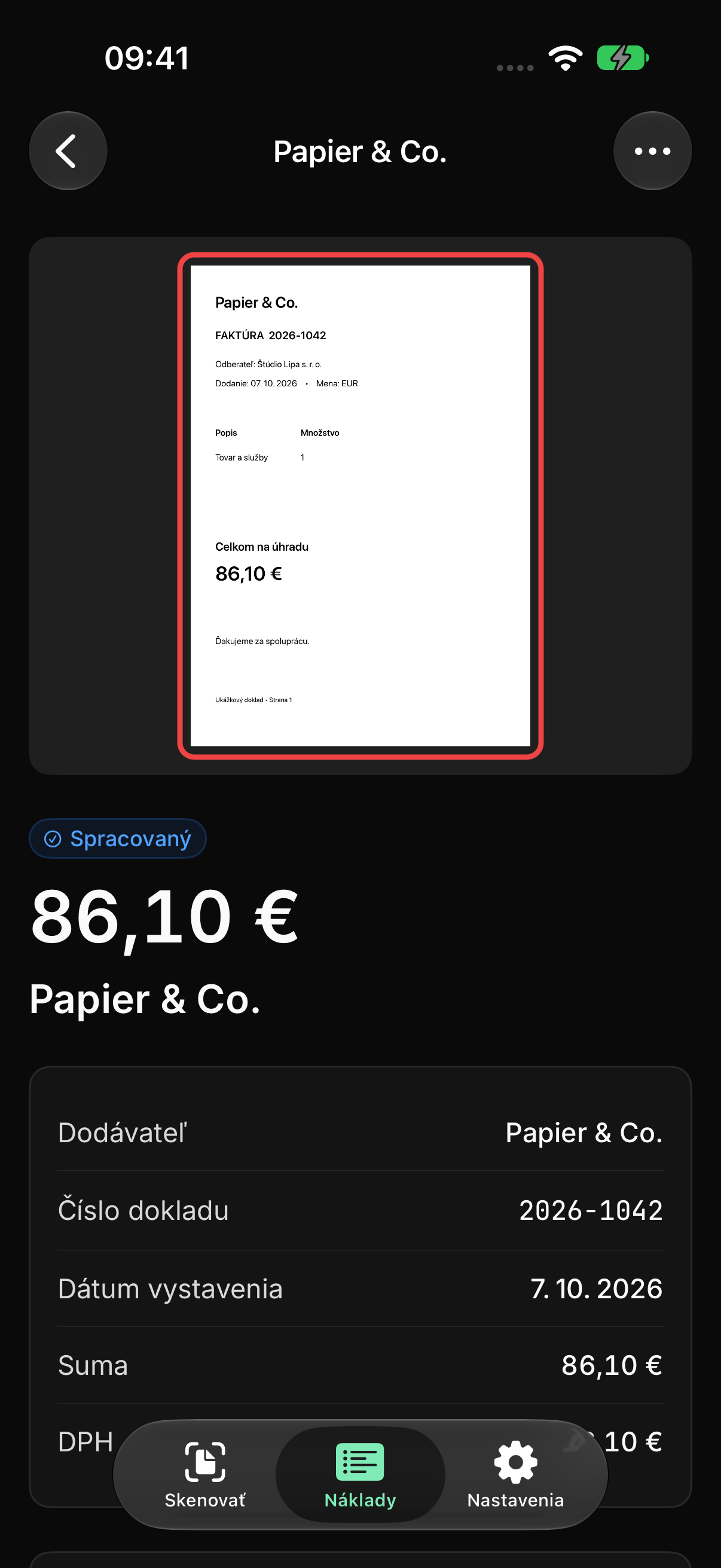 Detail nákladu Papier & Co. s údajmi a originálom