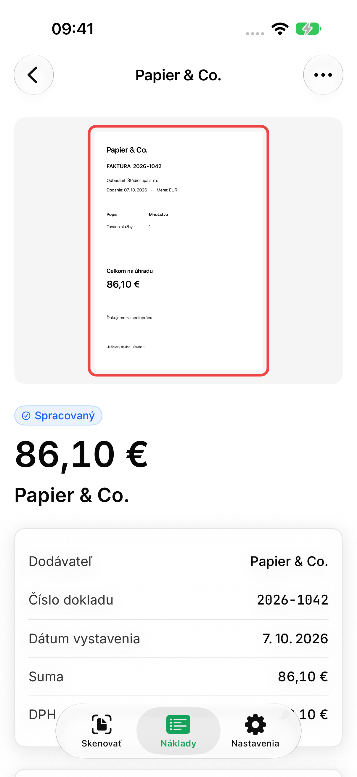 Detail nákladu Papier & Co. s údajmi a originálom