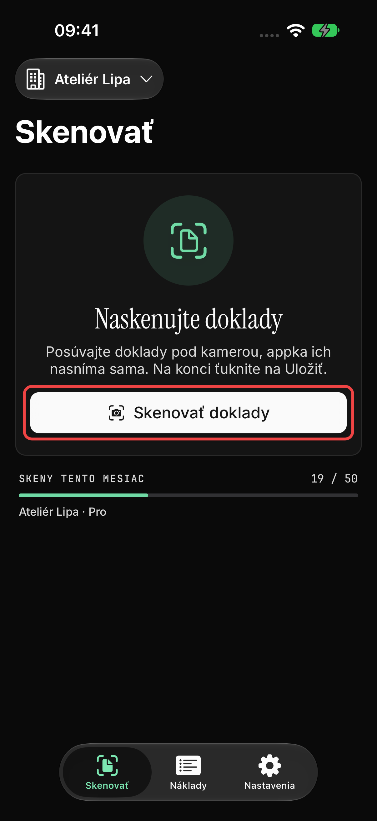 Obrazovka Skenovať po prepnutí na Ateliér Lipa