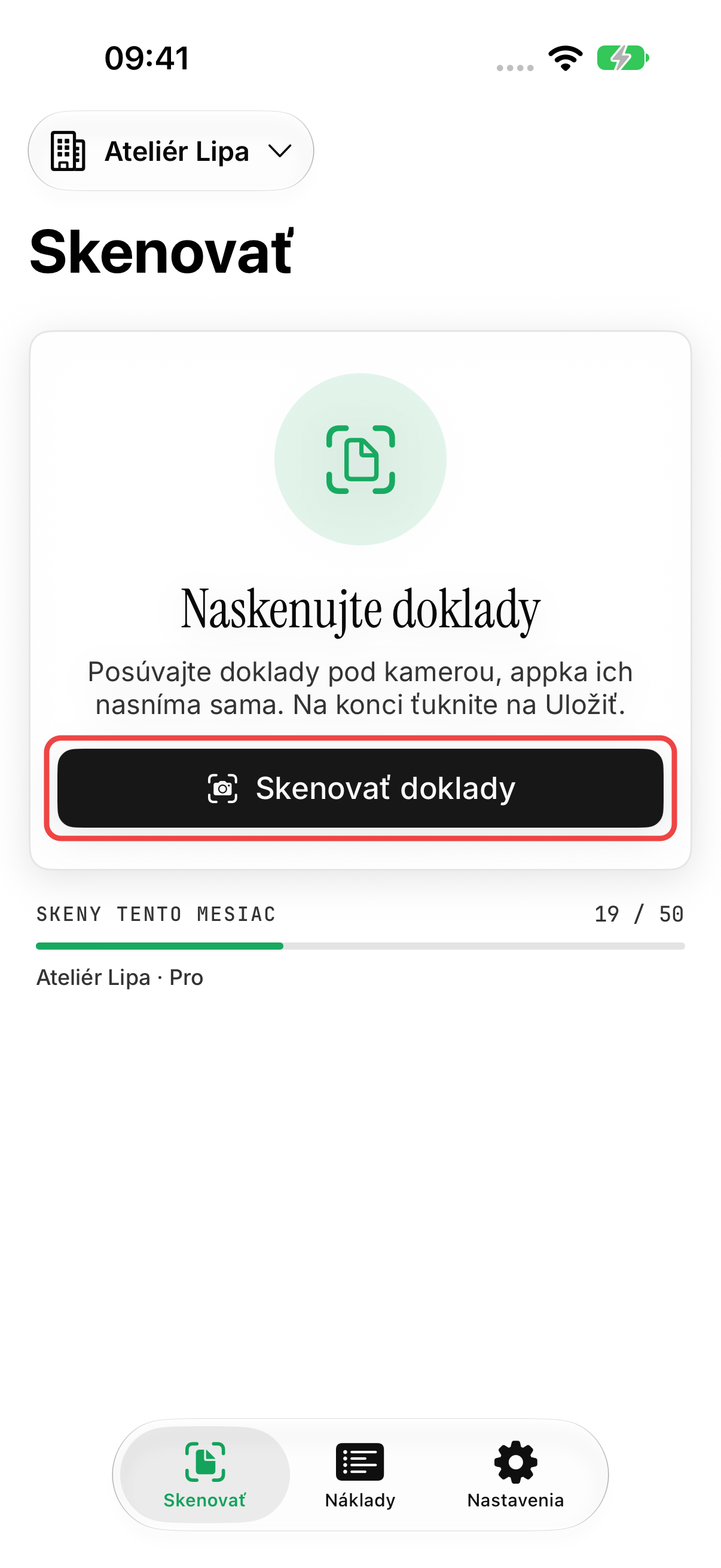 Obrazovka Skenovať po prepnutí na Ateliér Lipa