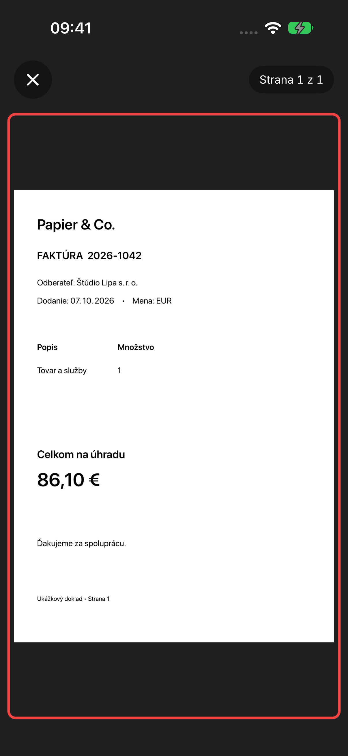Fotka syntetickej faktúry Papier & Co. na celú obrazovku
