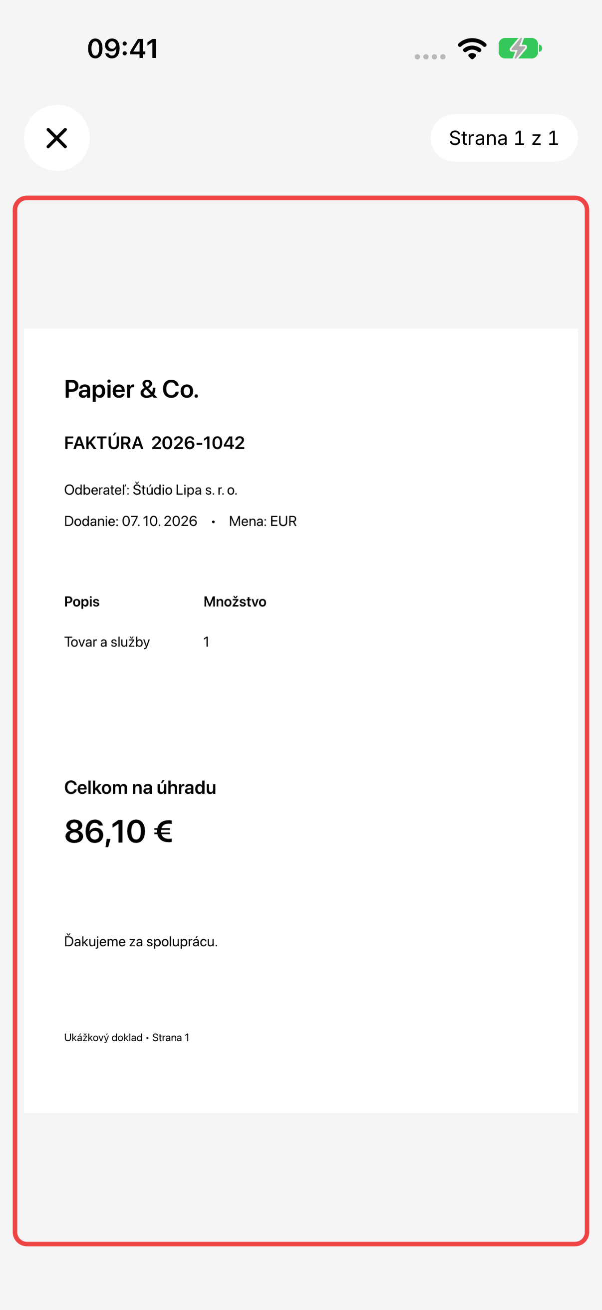 Fotka syntetickej faktúry Papier & Co. na celú obrazovku