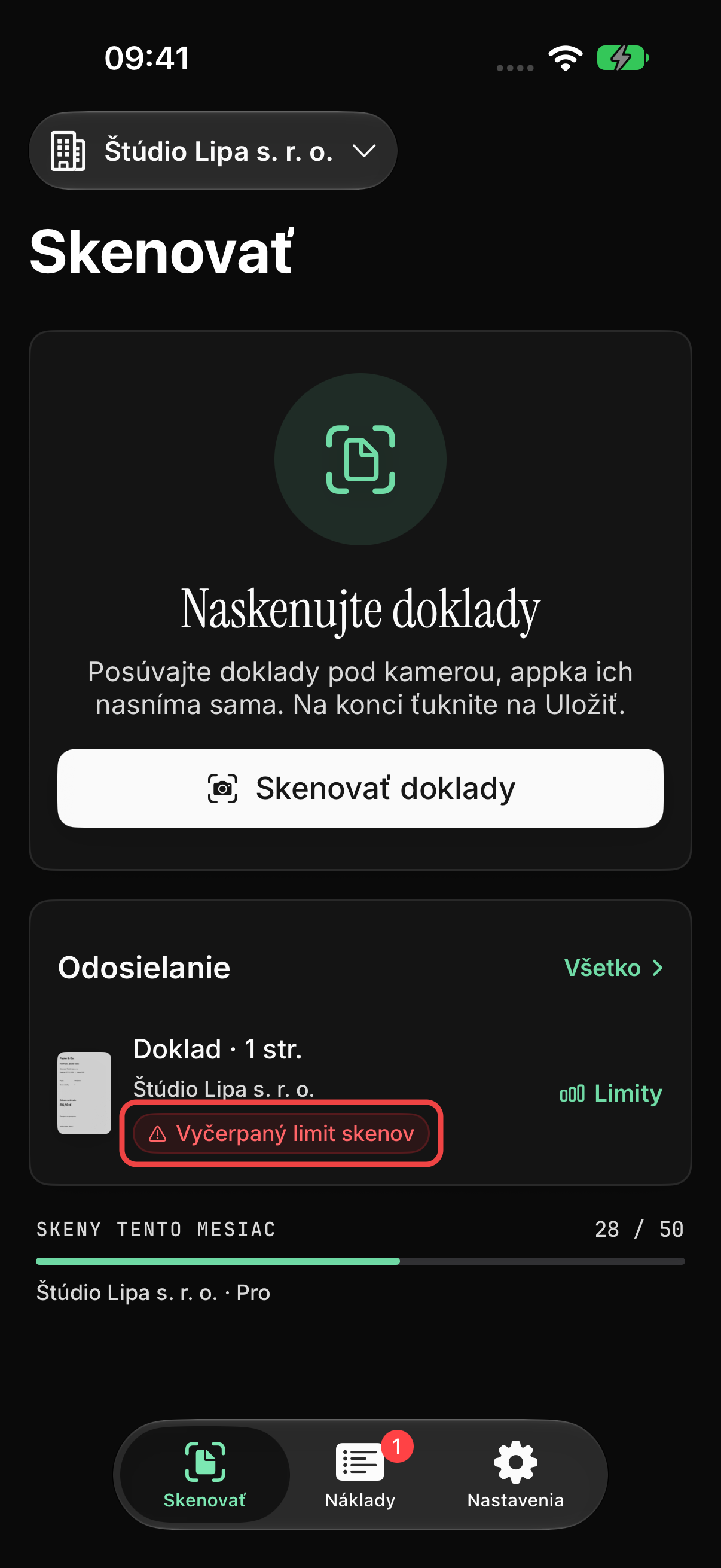 Doklad s chybou dosiahnutého limitu a akciou pre zobrazenie využitia