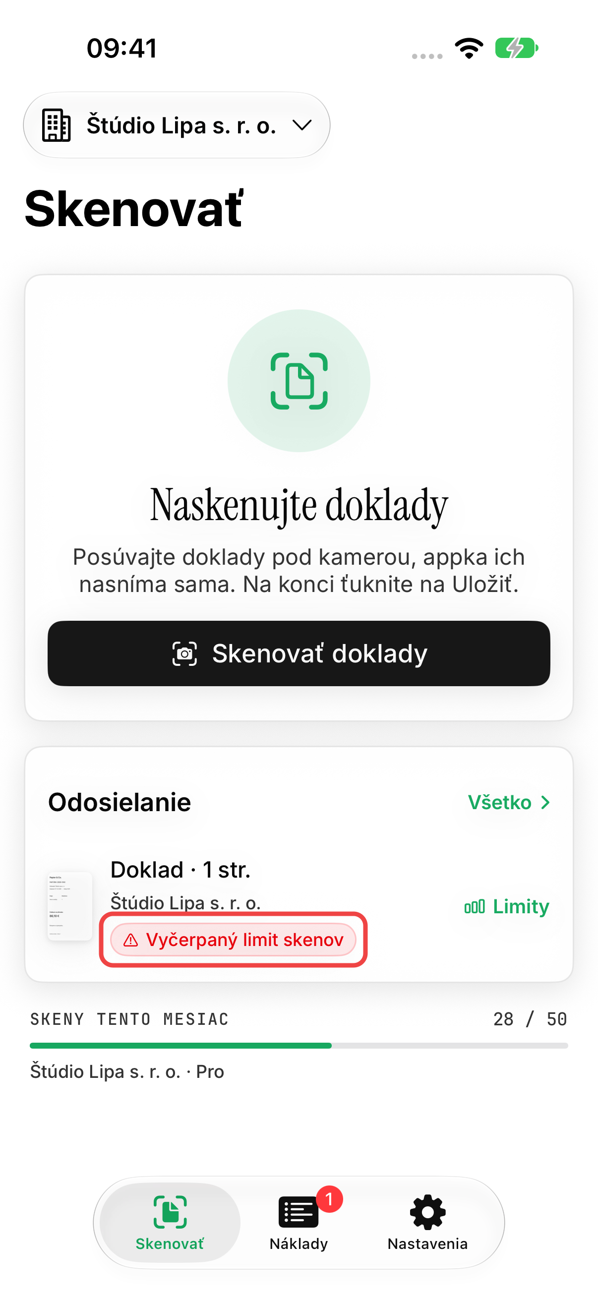 Doklad s chybou dosiahnutého limitu a akciou pre zobrazenie využitia