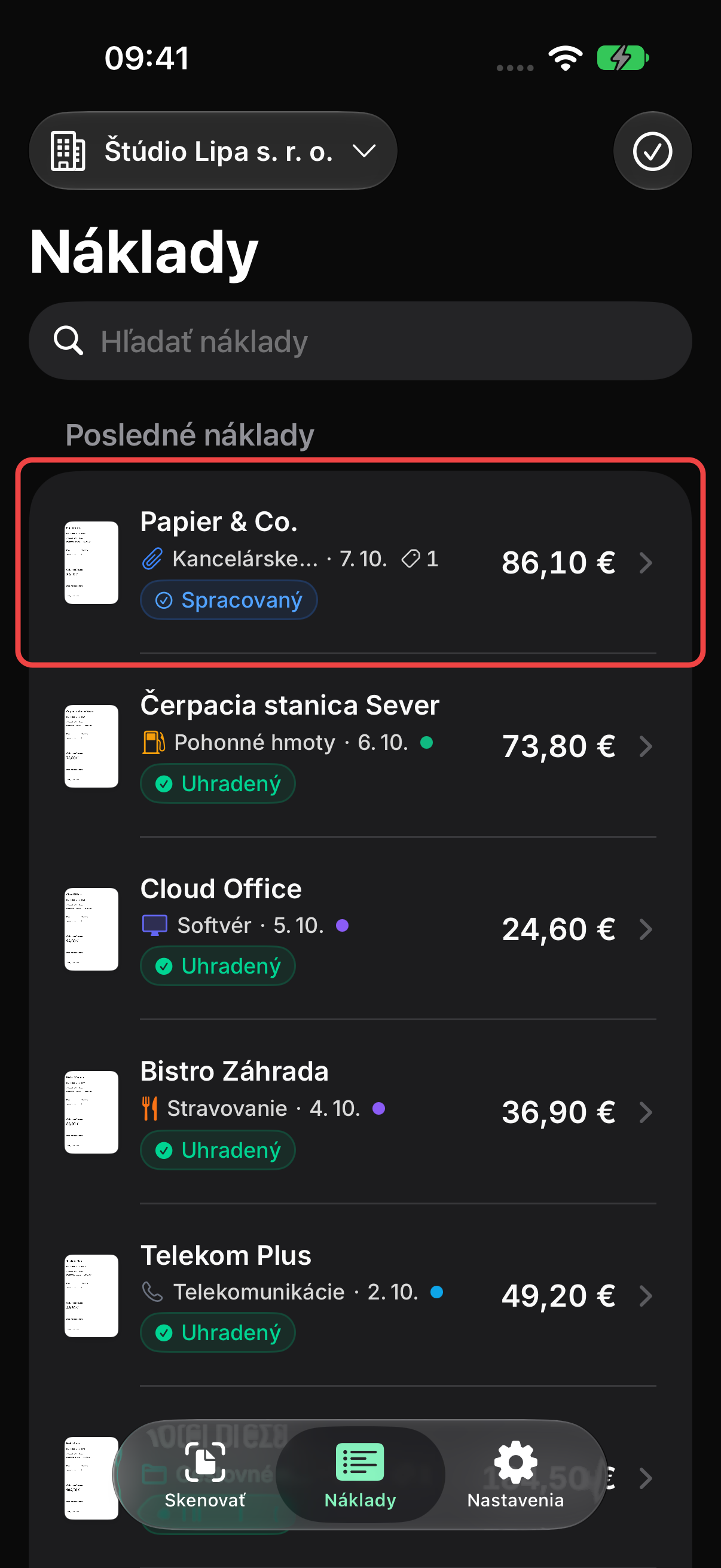 Zoznam ukážkových nákladov firmy Štúdio Lipa
