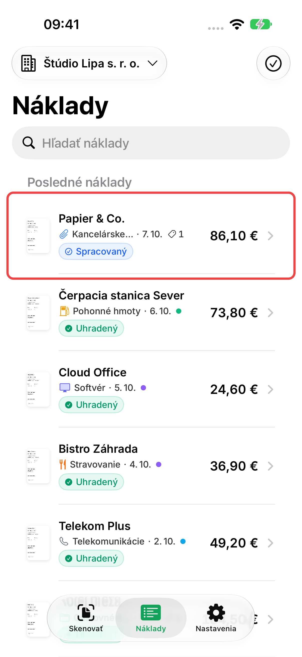 Zoznam ukážkových nákladov firmy Štúdio Lipa