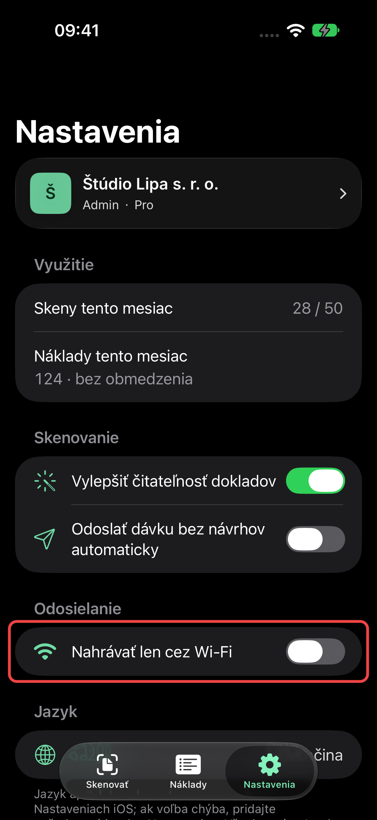 Nastavenia skenovania, automatického odosielania a Wi-Fi